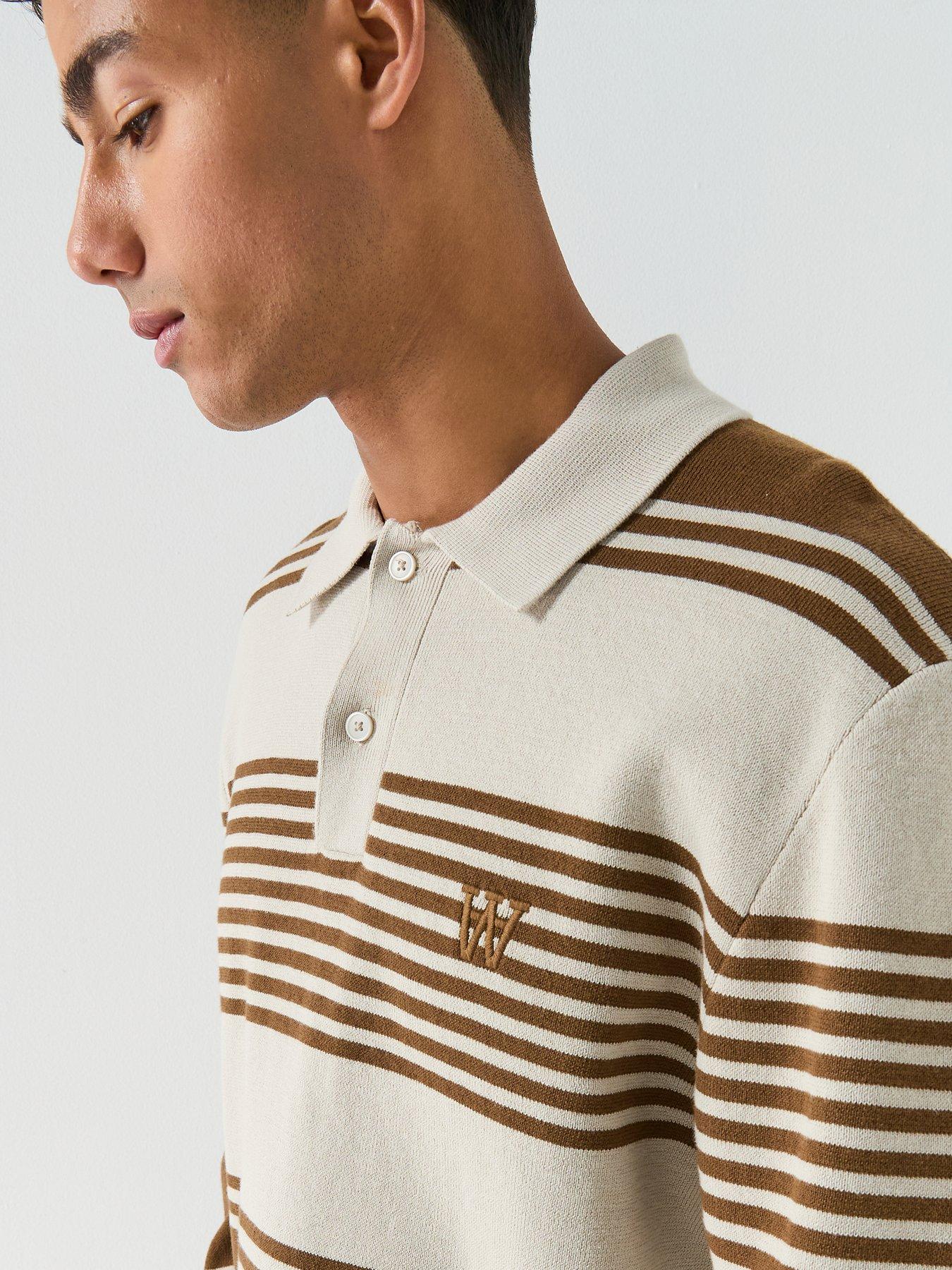 Image 4 of 4 of Double A by Wood Wood Curt Striped Long Sleeve Polo Shirt - Light Beige