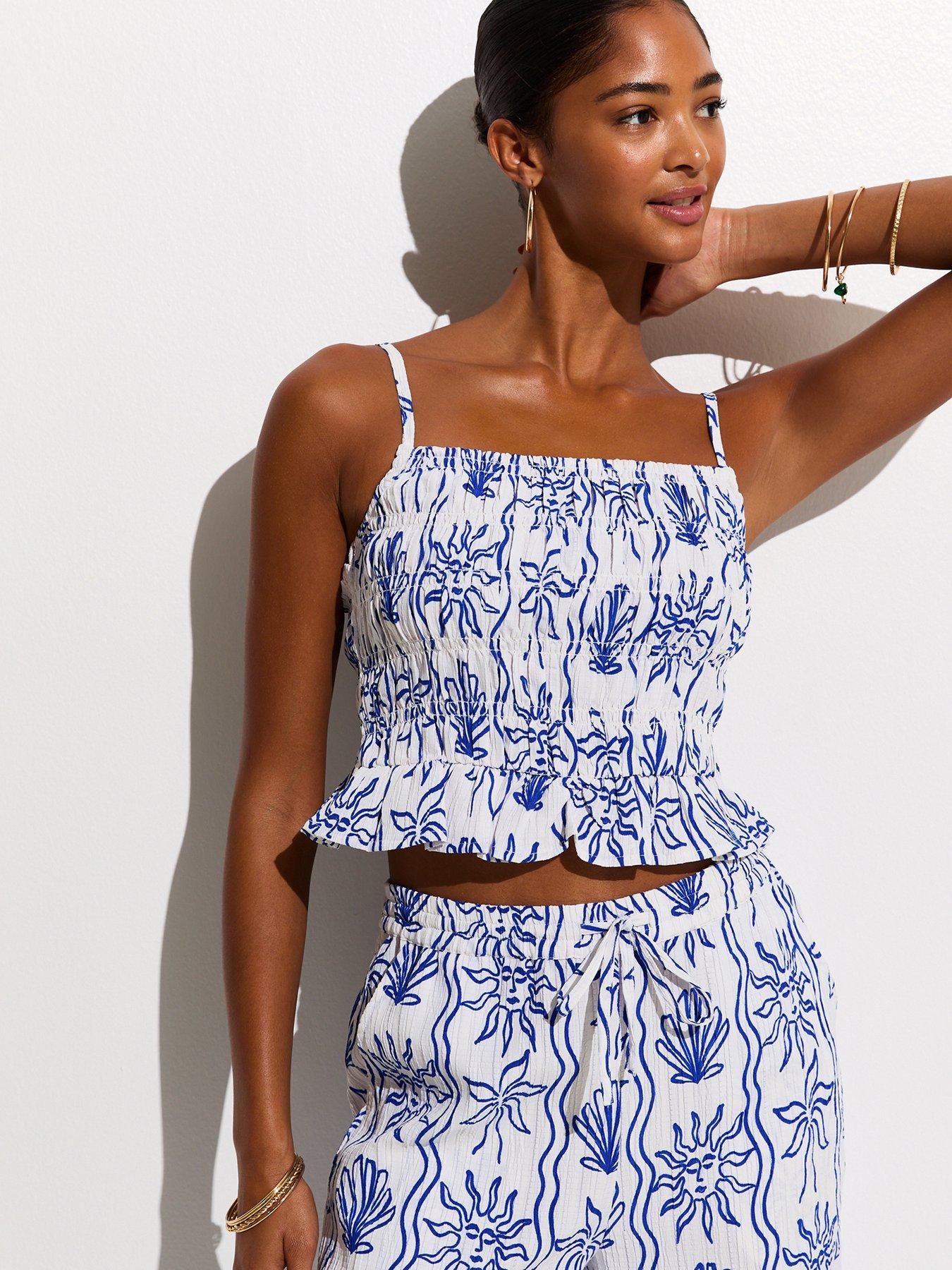 new-look-sun-print-shirred-cami-beach-top-bluefront