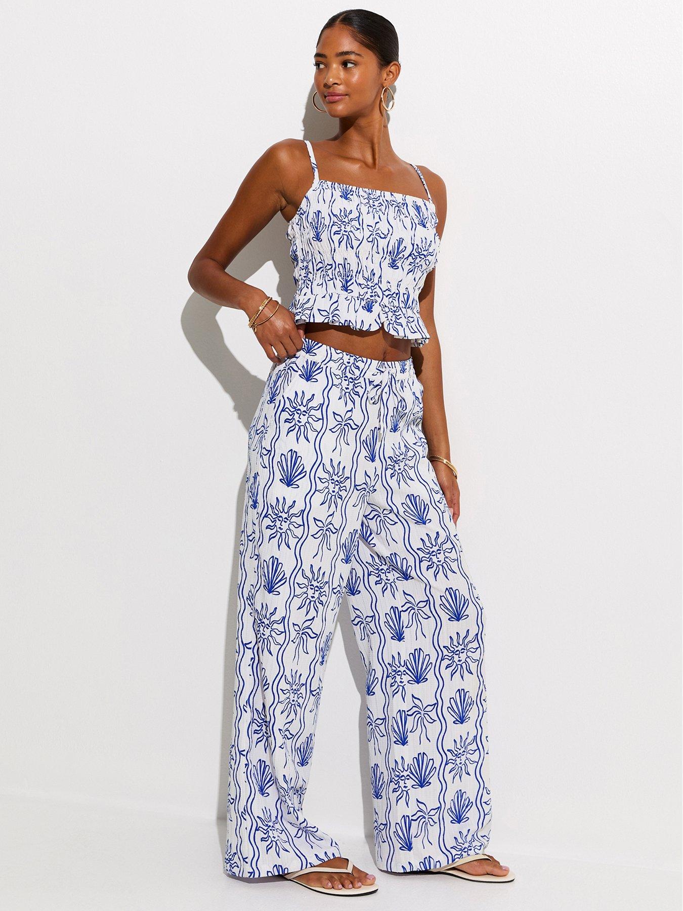 Image 1 of 6 of New Look Sun Print Wide Leg Beach Trousers - Blue
