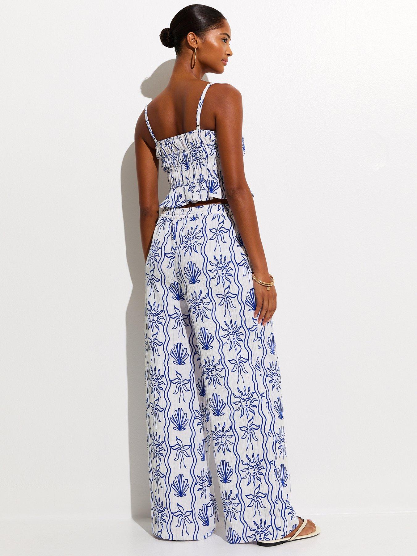 Image 2 of 6 of New Look Sun Print Wide Leg Beach Trousers - Blue
