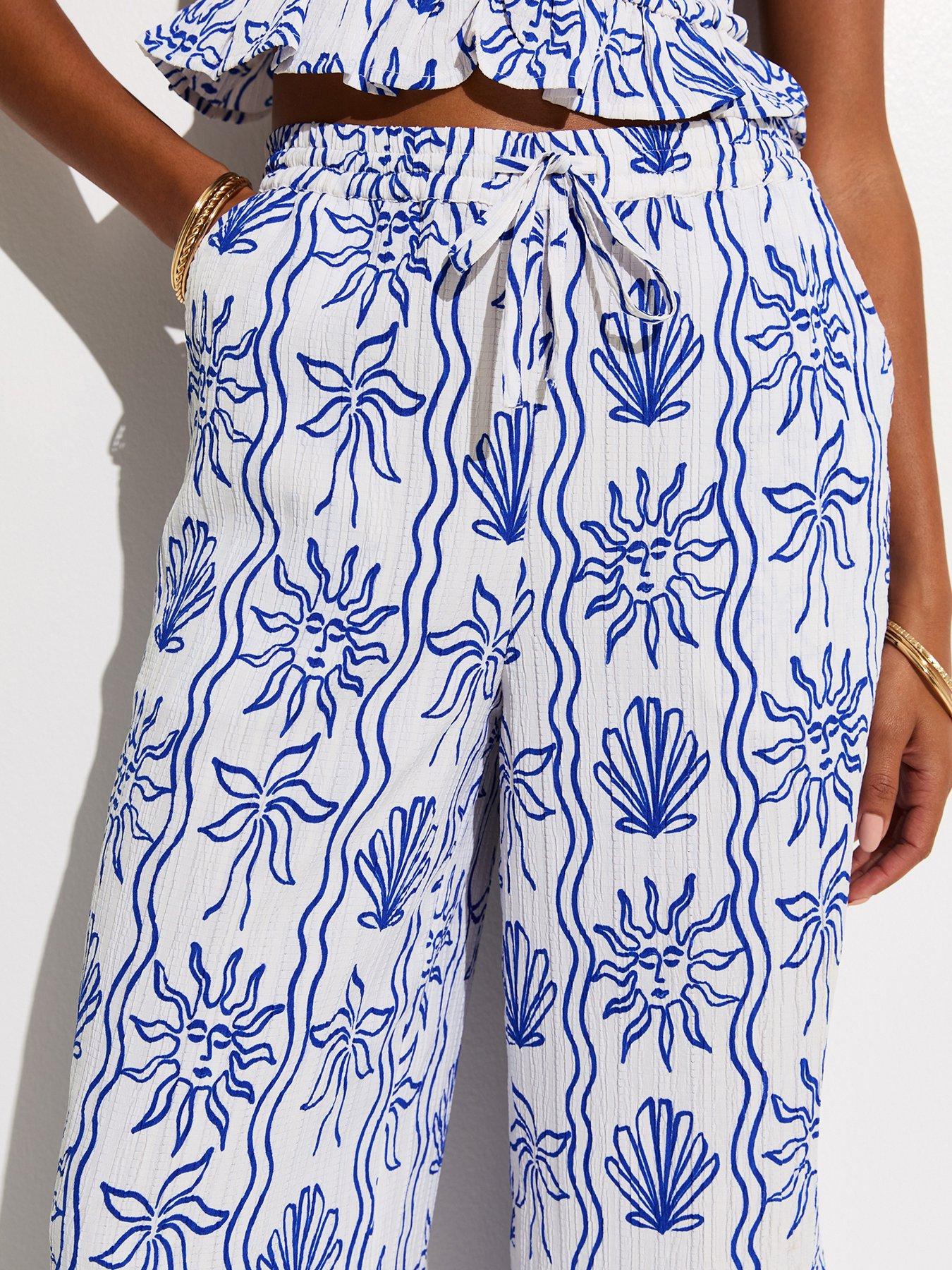Image 4 of 6 of New Look Sun Print Wide Leg Beach Trousers - Blue