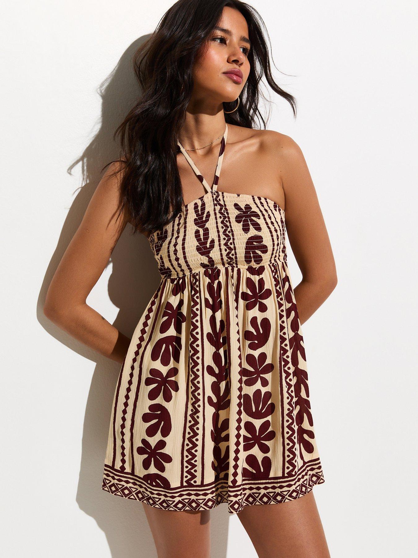 Image 1 of 6 of New Look Cactus Print Beach Mini Dress - Brown