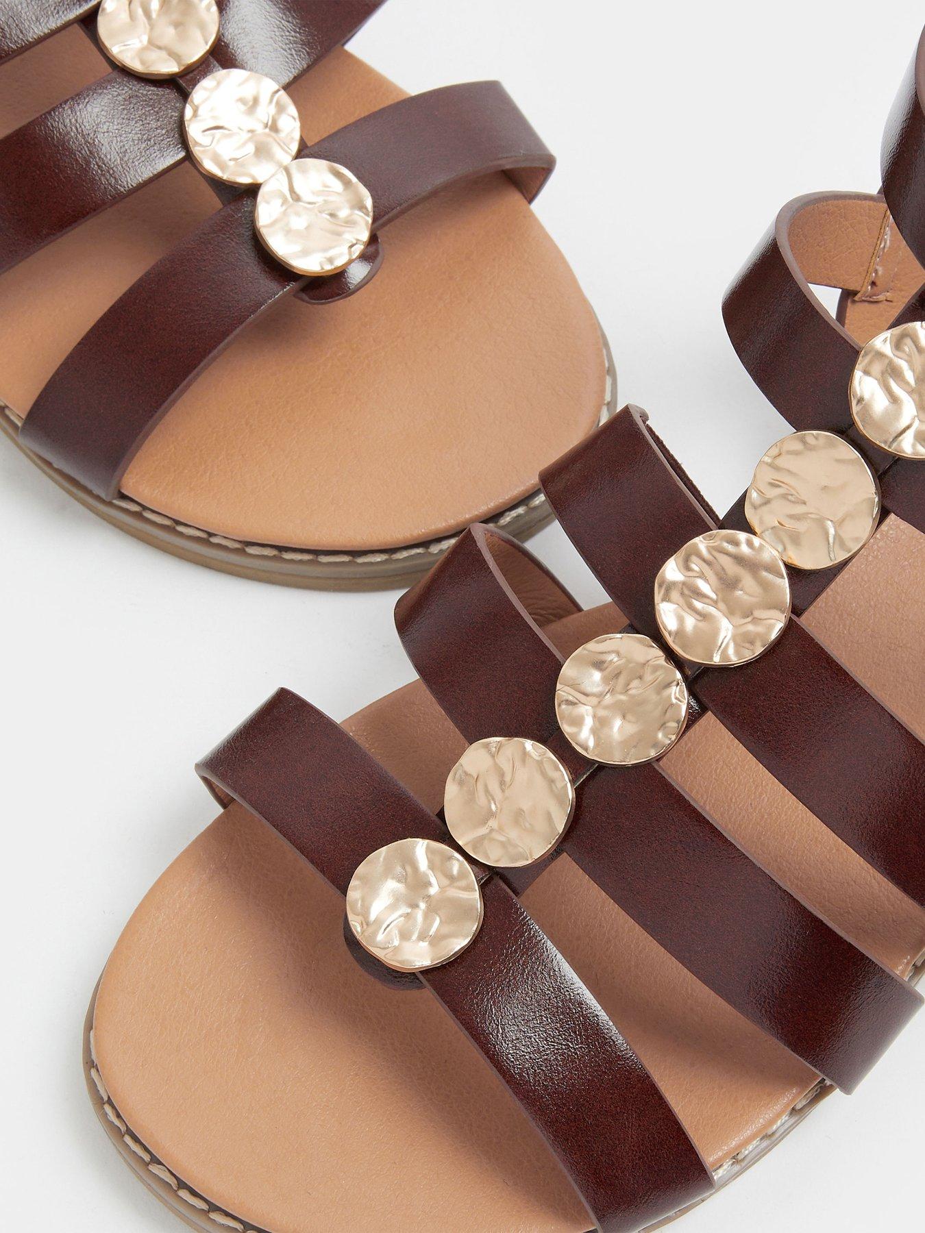 Image 4 of 4 of Yours Curve Wide Fit Hammered Disk Gladiator Sandals - Brown