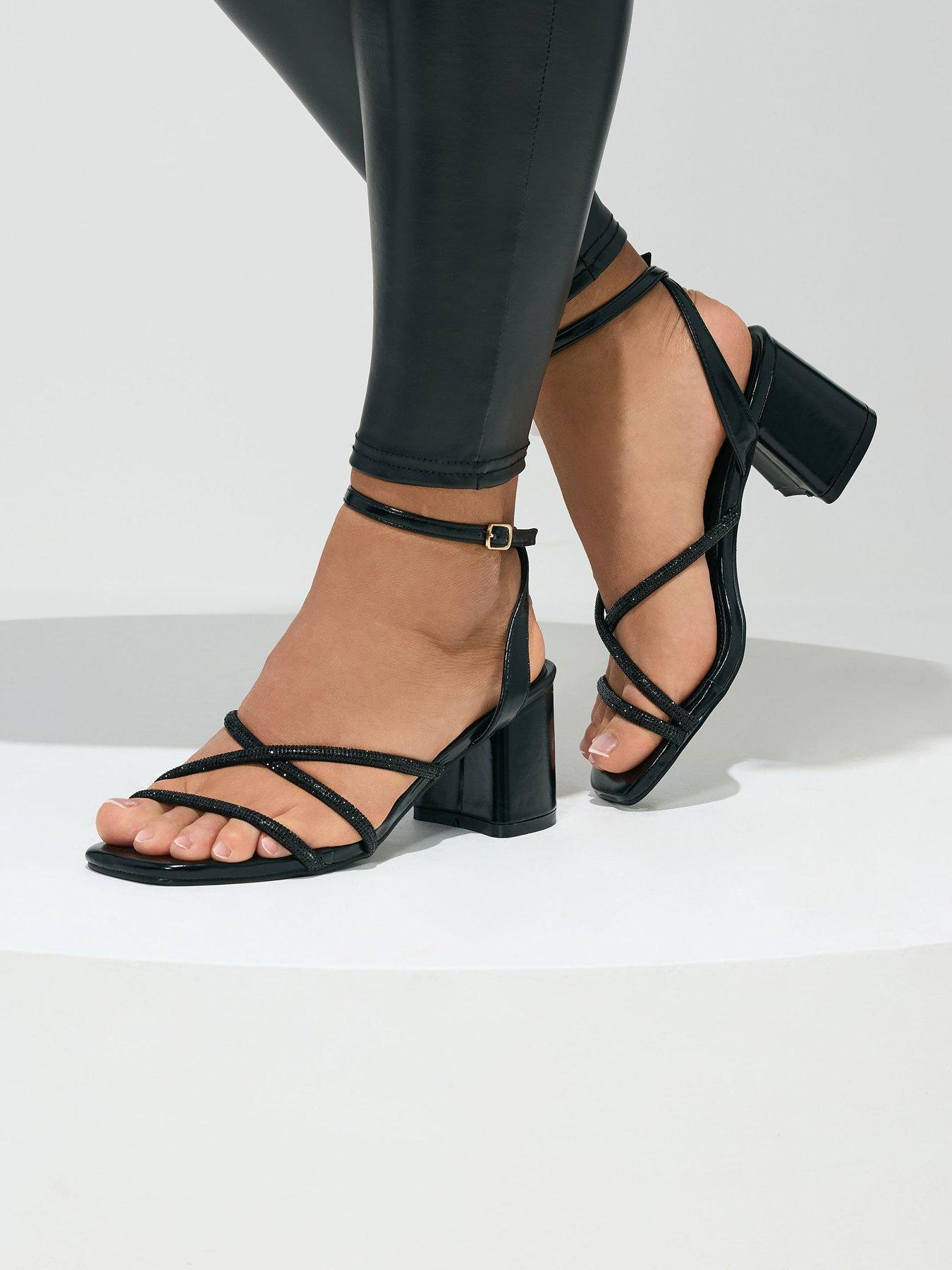 Yours Curve Extra Wide Fit Asymmetric Glitz Block Heel - Black