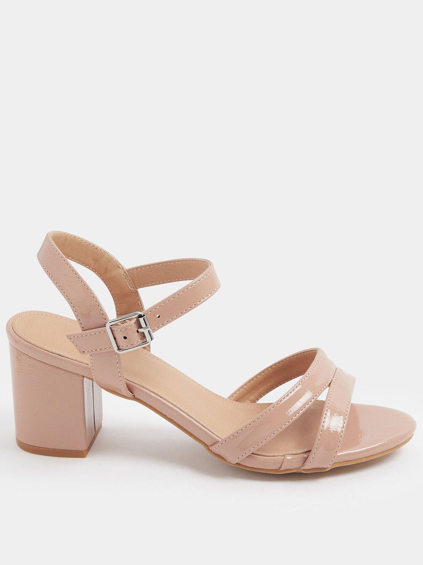 Yours Wide Patent Mid Block Heel Sandals - Nude