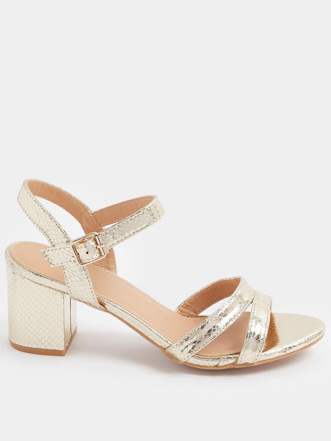 Yours Wide Faux Leather Mid Block Heel Sandals - Gold