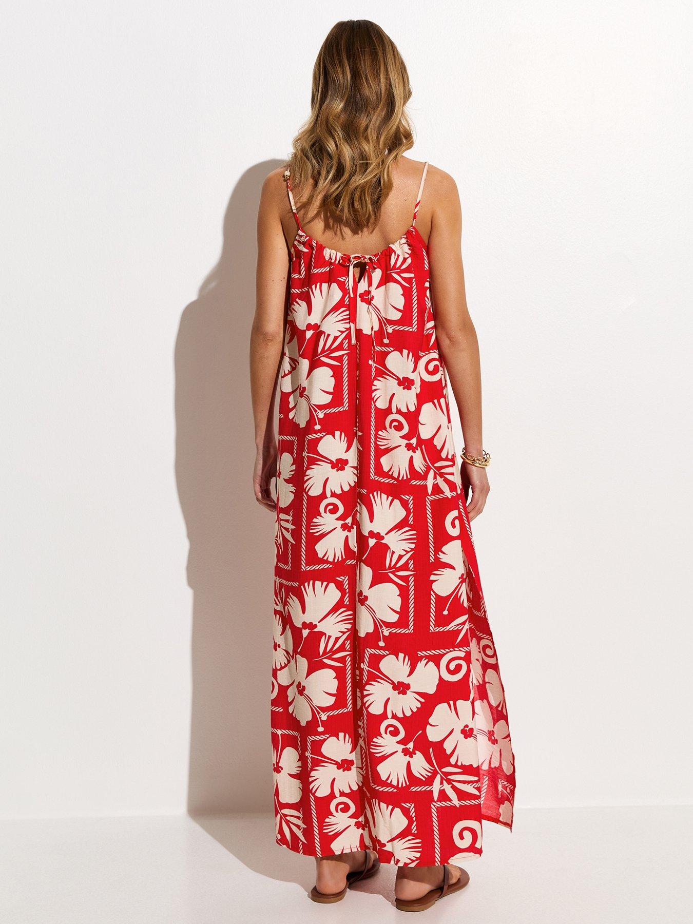 Image 2 of 5 of New Look Floral Print Bead Detail Beach Maxi Dress - Red