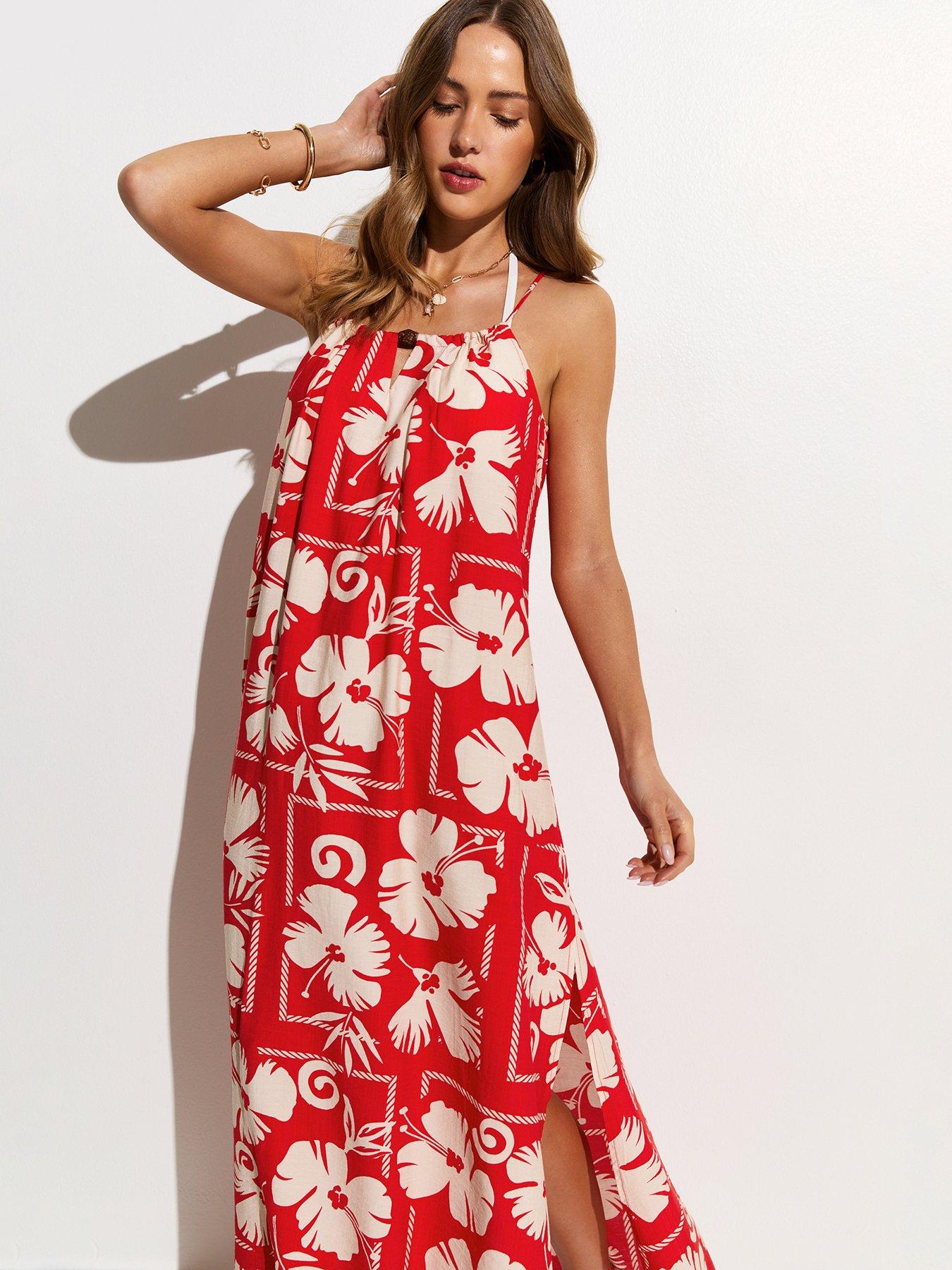 Image 3 of 5 of New Look Floral Print Bead Detail Beach Maxi Dress - Red