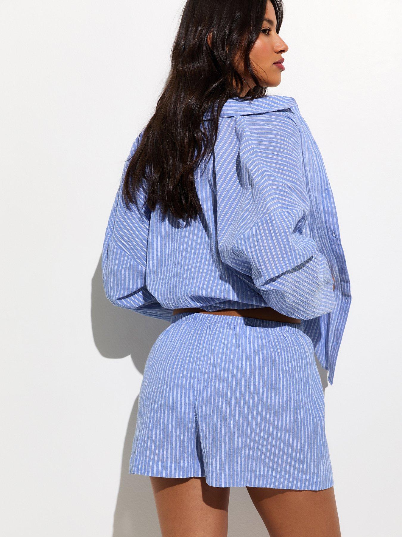 Image 2 of 5 of New Look Striped Drawstring Waist Beach Shorts - Blue