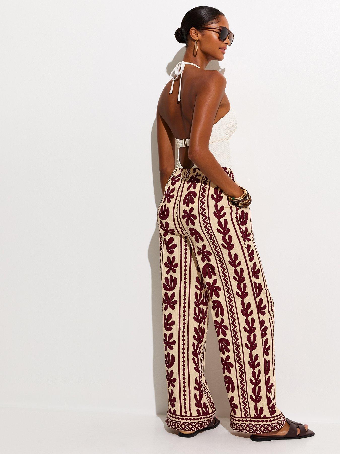 Image 2 of 6 of New Look Cactus Print Wide Leg Beach Trousers - Brown