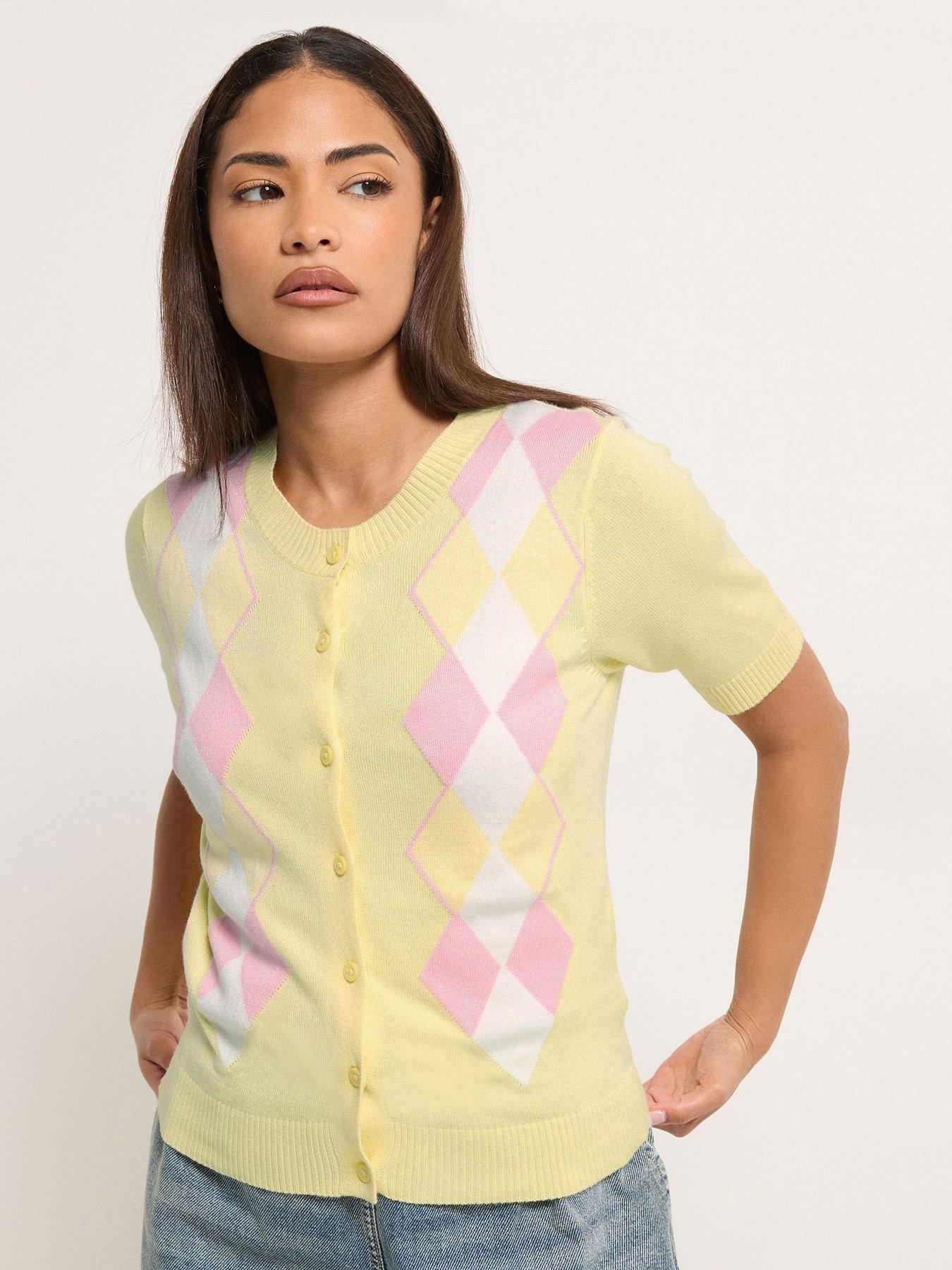 Image 1 of 5 of PixieGirl Petite Argyle Short Sleeve Cardigan - Yellow