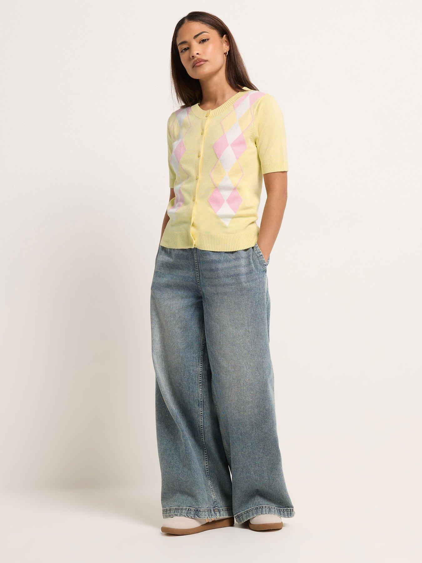 Image 3 of 5 of PixieGirl Petite Argyle Short Sleeve Cardigan - Yellow