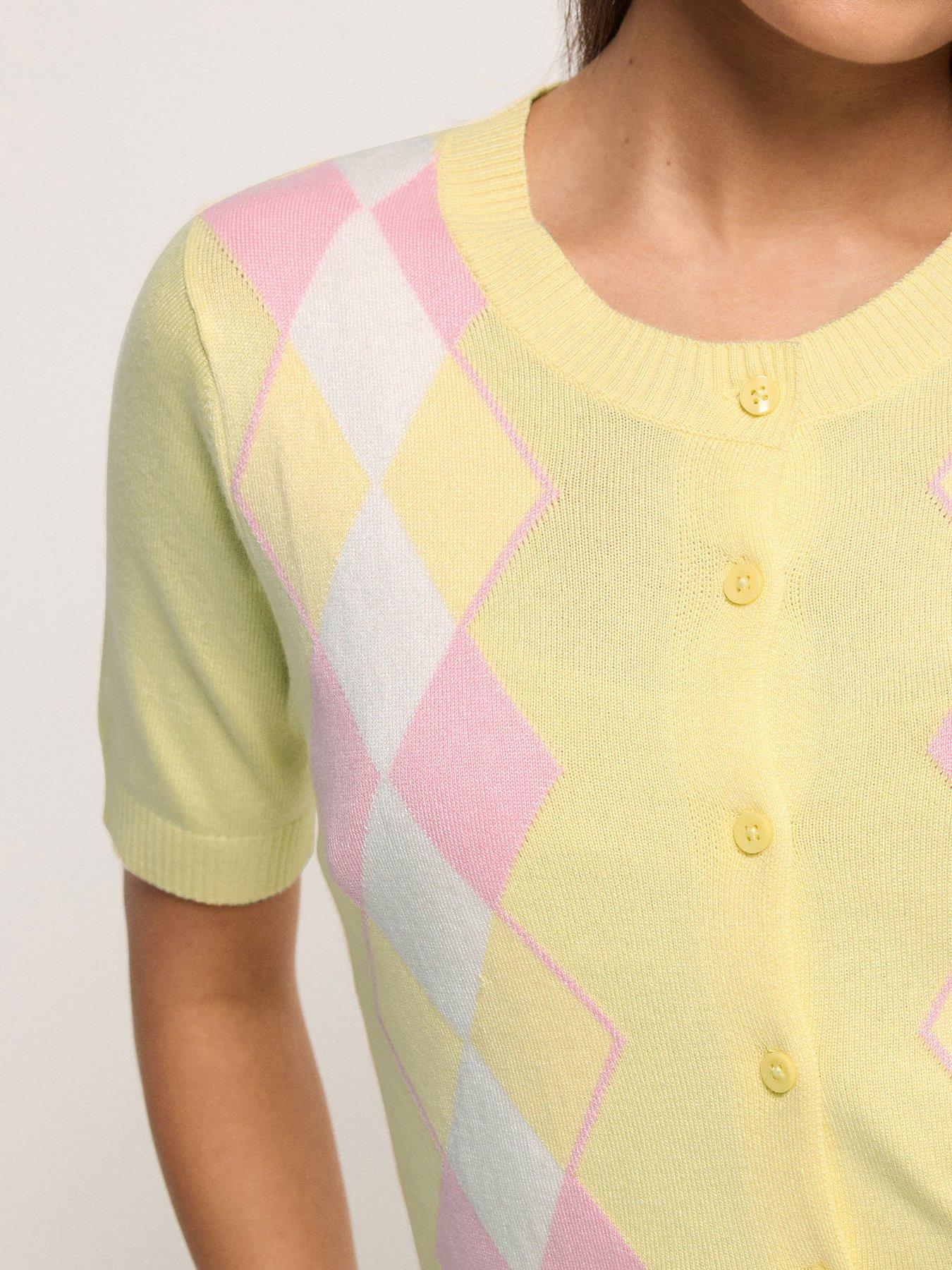Image 4 of 5 of PixieGirl Petite Argyle Short Sleeve Cardigan - Yellow