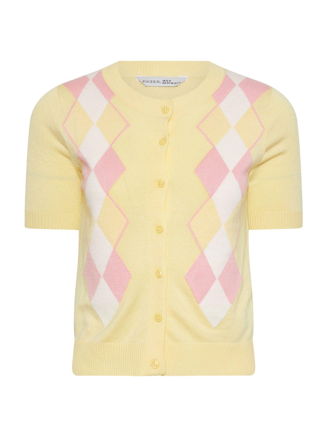 Image 5 of 5 of PixieGirl Petite Argyle Short Sleeve Cardigan - Yellow