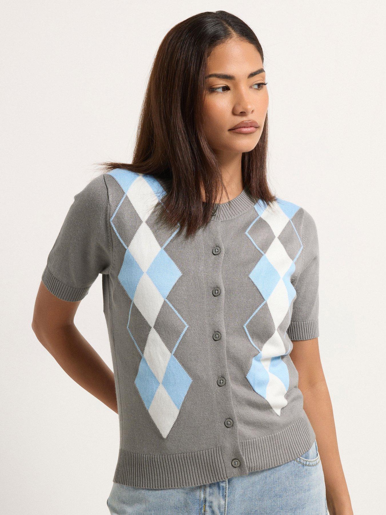 pixiegirl-petite-argyle-short-sleeve-cardigan-greyfront