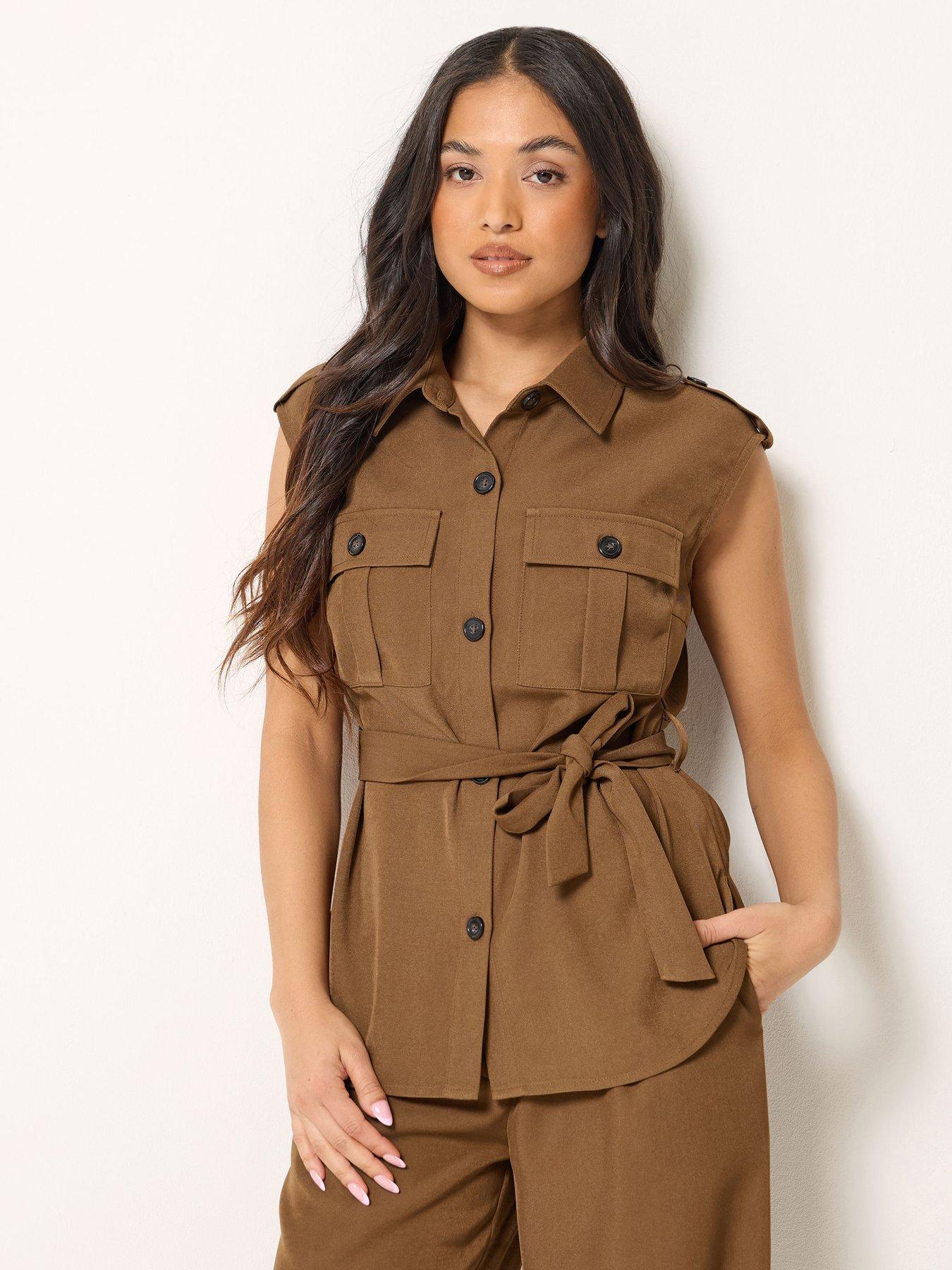 PixieGirl Petite Utility Sleeveless Tie Waist Top - Brown