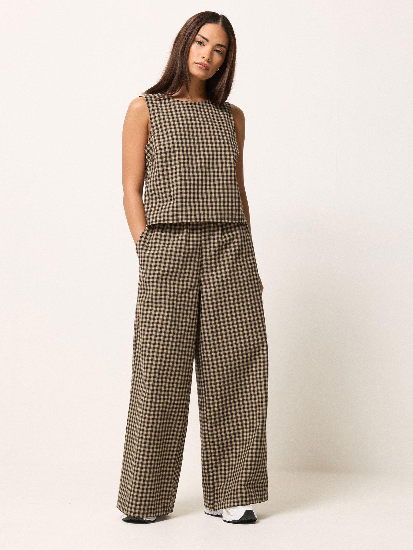 Image 3 of 6 of PixieGirl Petite Gingham Sleeveless Shell Top - Brown