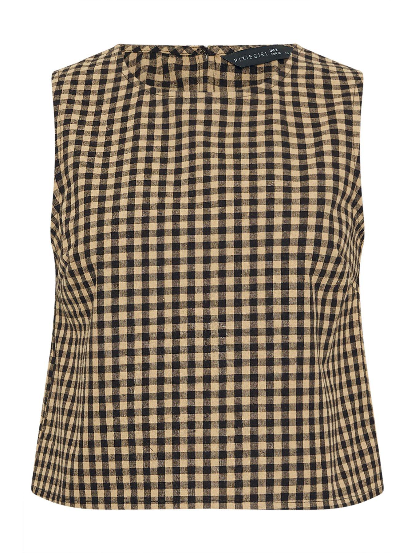 Image 6 of 6 of PixieGirl Petite Gingham Sleeveless Shell Top - Brown