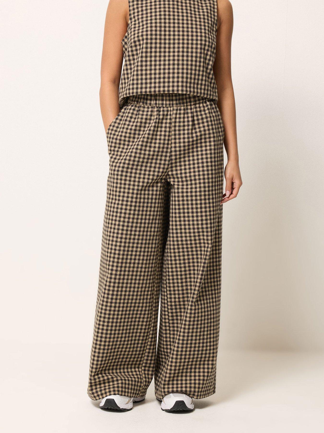 pixiegirl-petite-gingham-wide-leg-trousers-brown