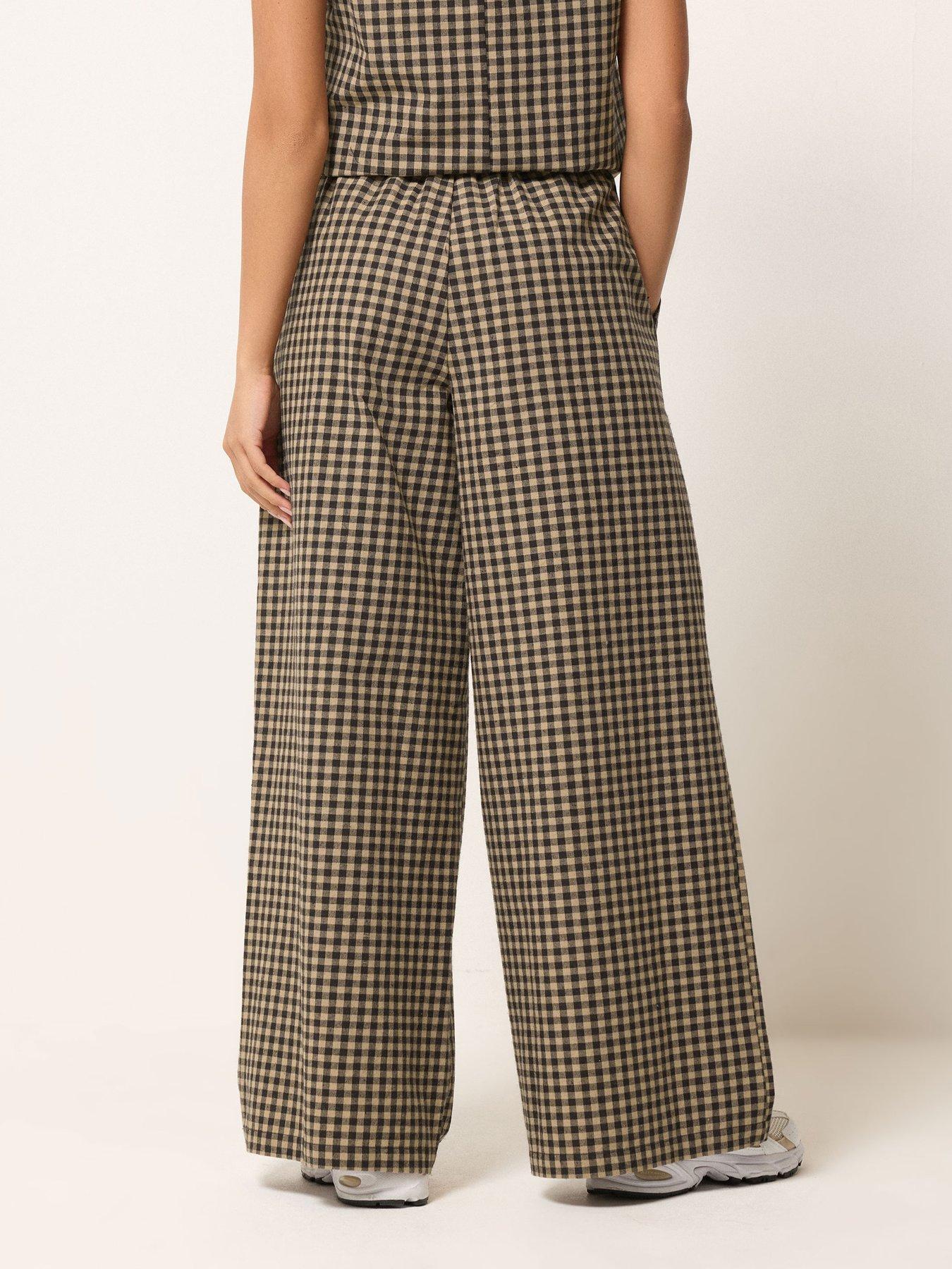 pixiegirl-petite-gingham-wide-leg-trousers-brownstillFront