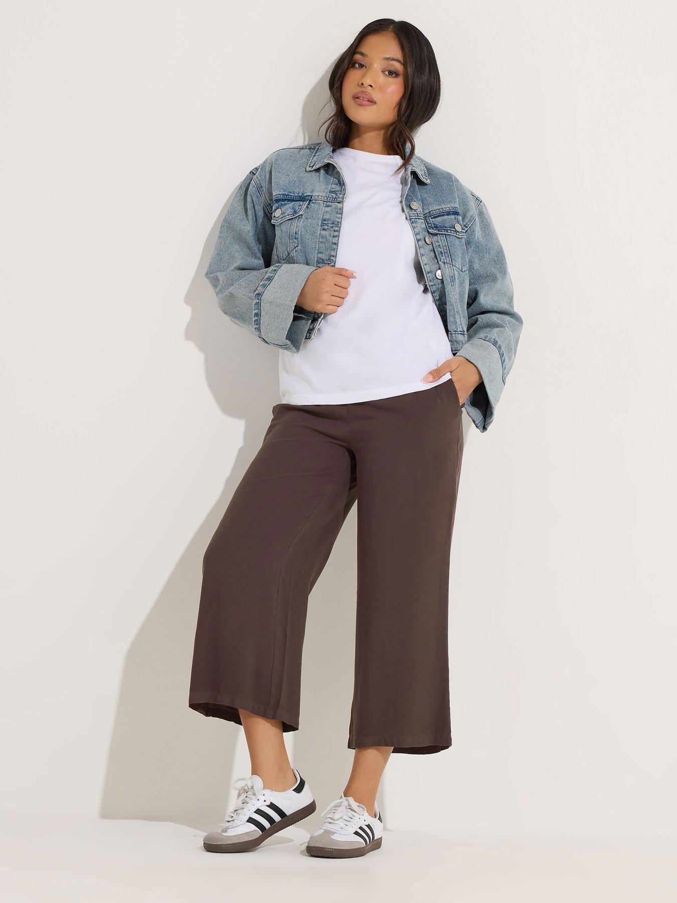 Image 1 of 5 of PixieGirl Petite Acid Wash Wide Leg Crop Trousers - Brown