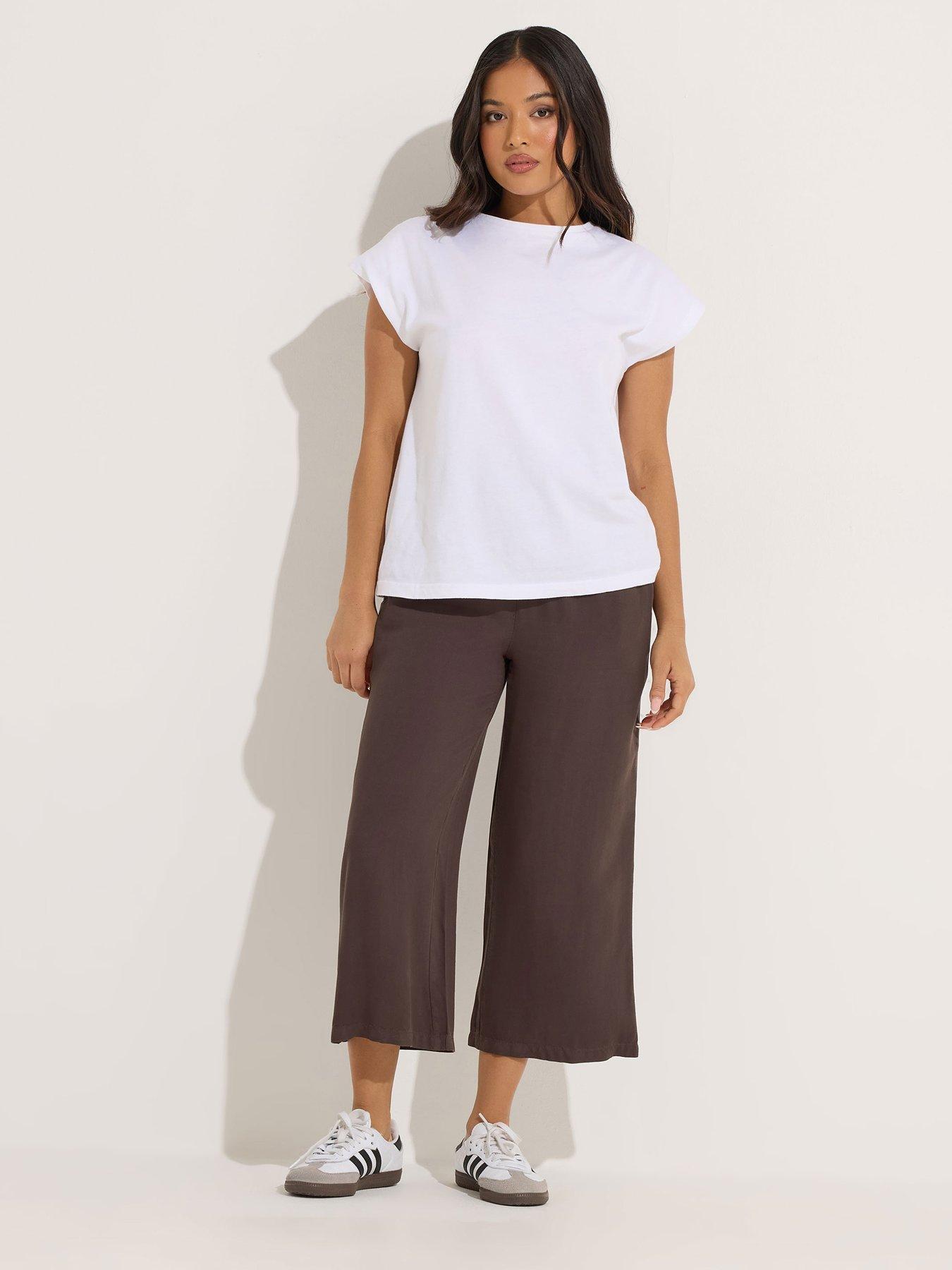 Image 3 of 5 of PixieGirl Petite Acid Wash Wide Leg Crop Trousers - Brown