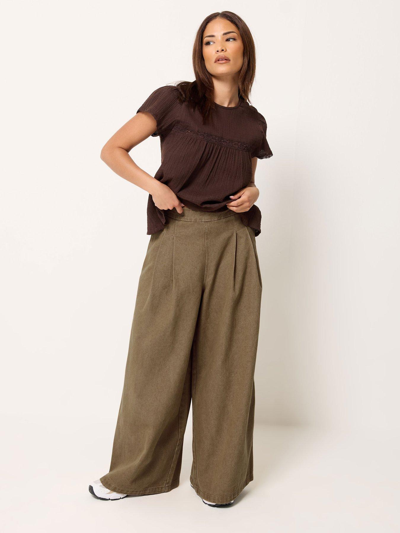 Image 3 of 5 of PixieGirl Petite Pleat Front Wide Leg Jeans - Brown