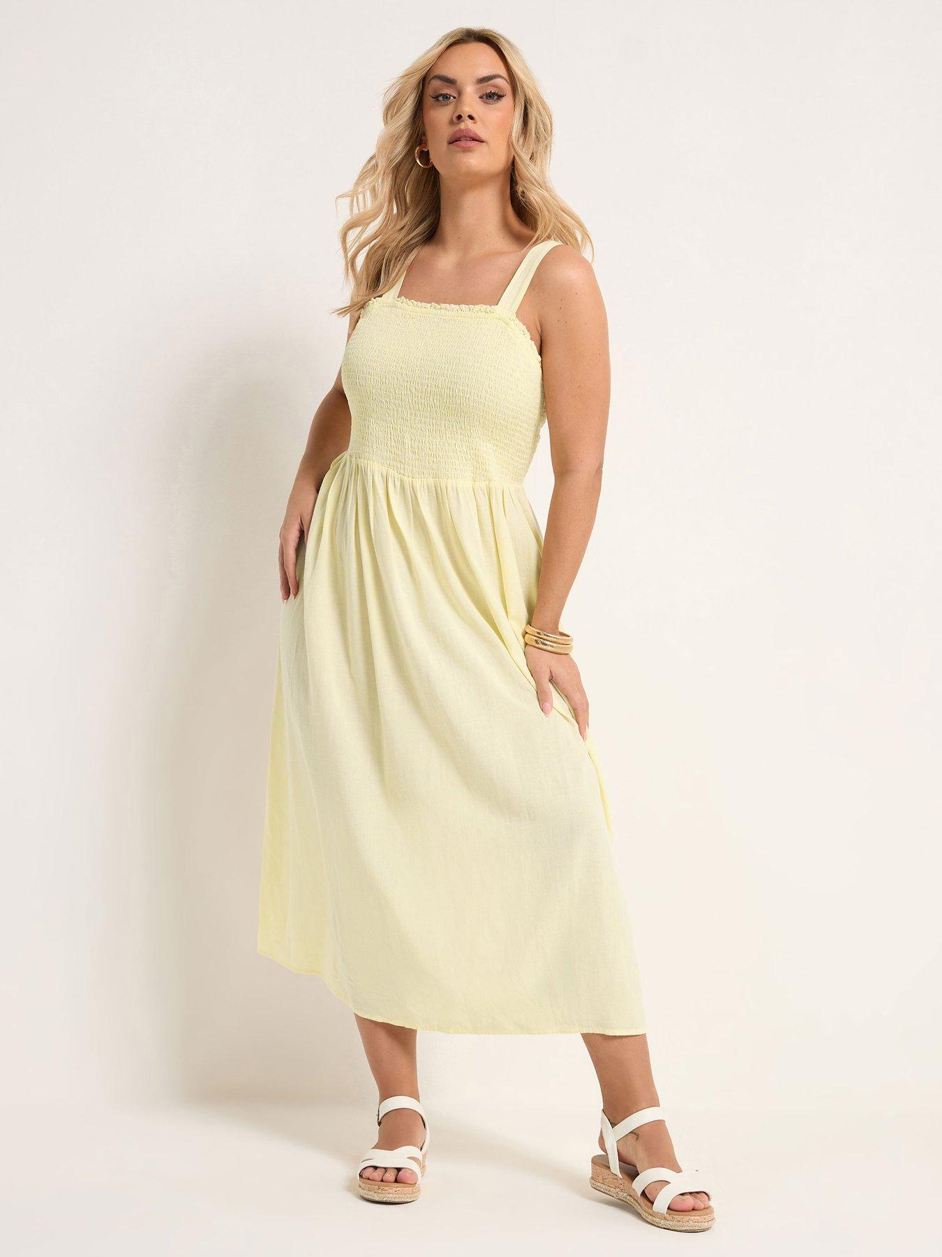 Yours Curve Linen Shirred Maxi Dress - Yellow