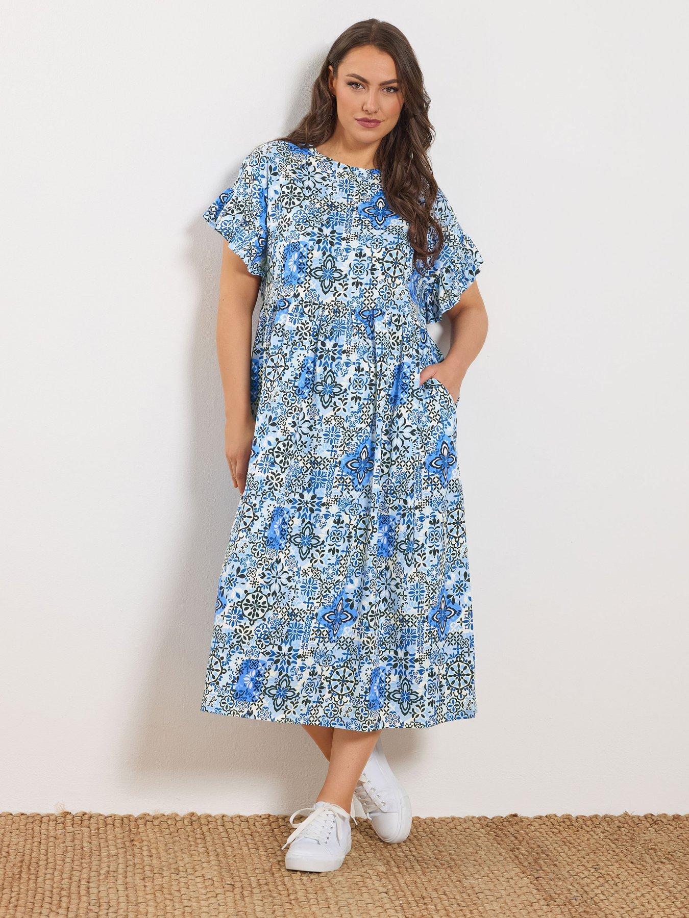 Image 1 of 5 of Yours Curve Frill Midi Dress - Blue
