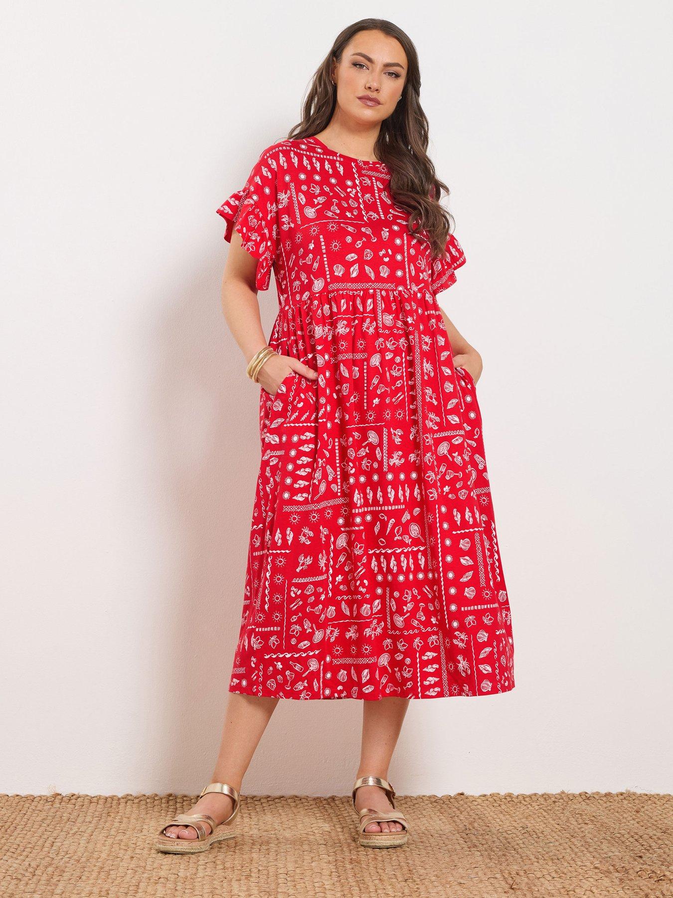 Image 1 of 5 of Yours Curve Frill Midi Dress - Red