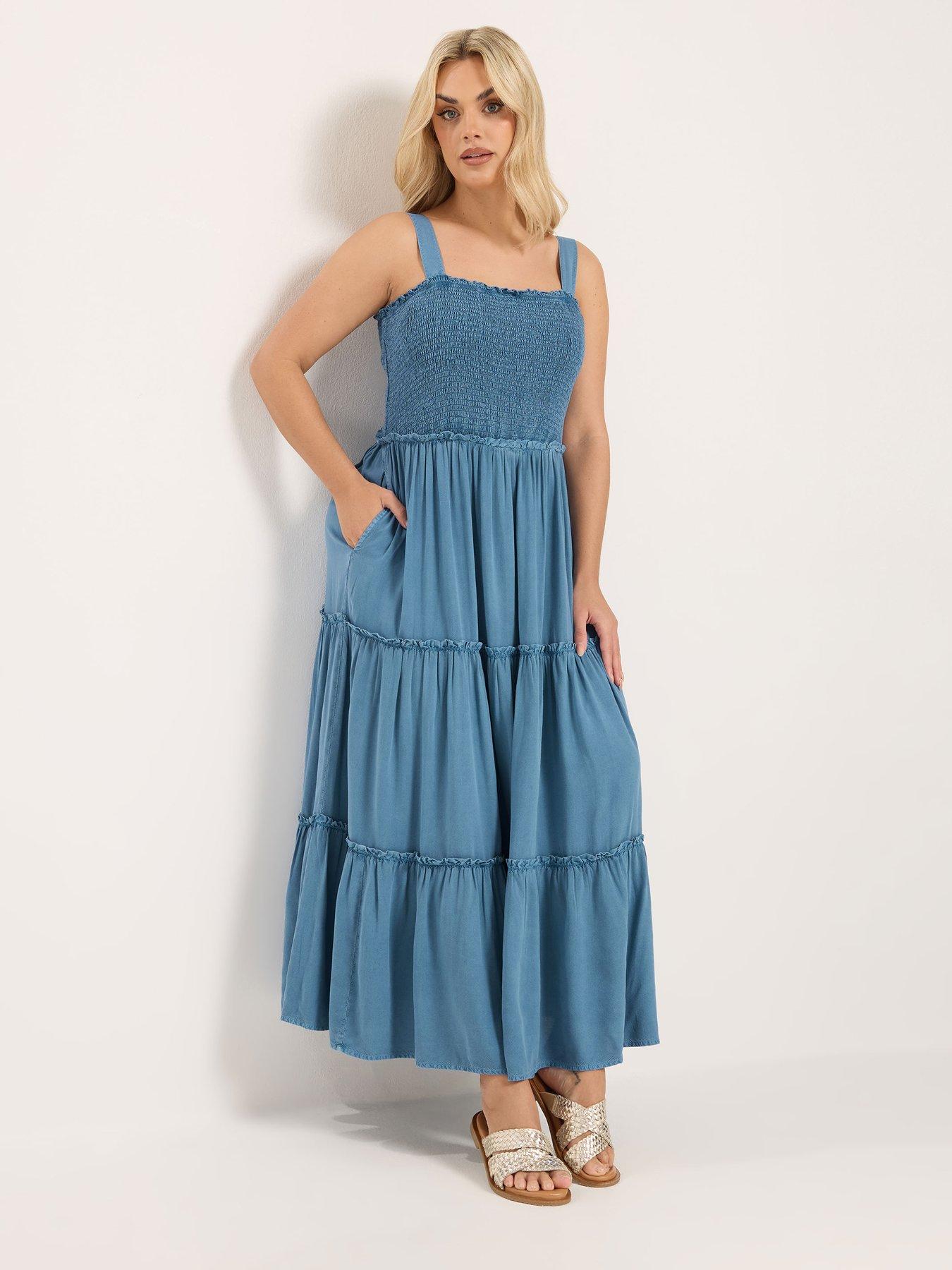 Image 1 of 5 of Yours Curve Shirred Strappy Chambray Maxi Dress - Blue