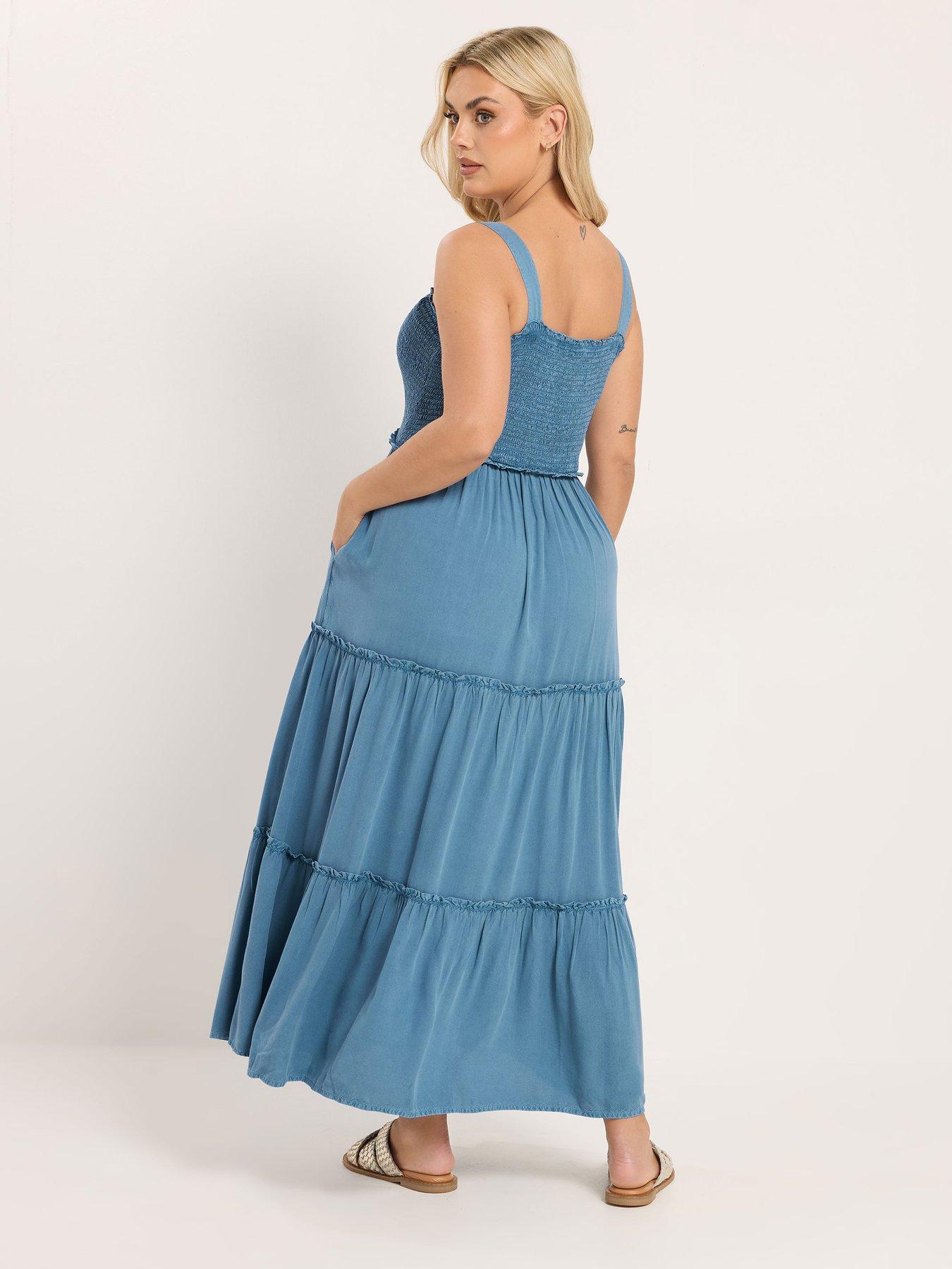 Image 2 of 5 of Yours Curve Shirred Strappy Chambray Maxi Dress - Blue