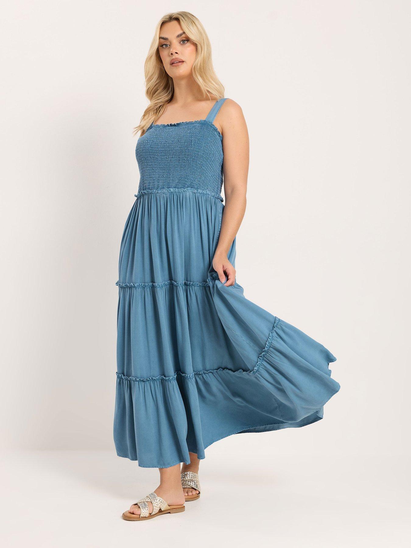 Image 3 of 5 of Yours Curve Shirred Strappy Chambray Maxi Dress - Blue