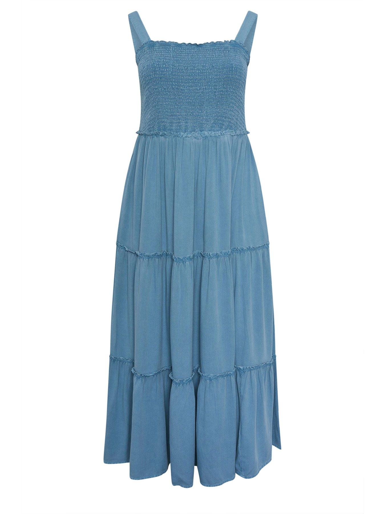 Image 5 of 5 of Yours Curve Shirred Strappy Chambray Maxi Dress - Blue