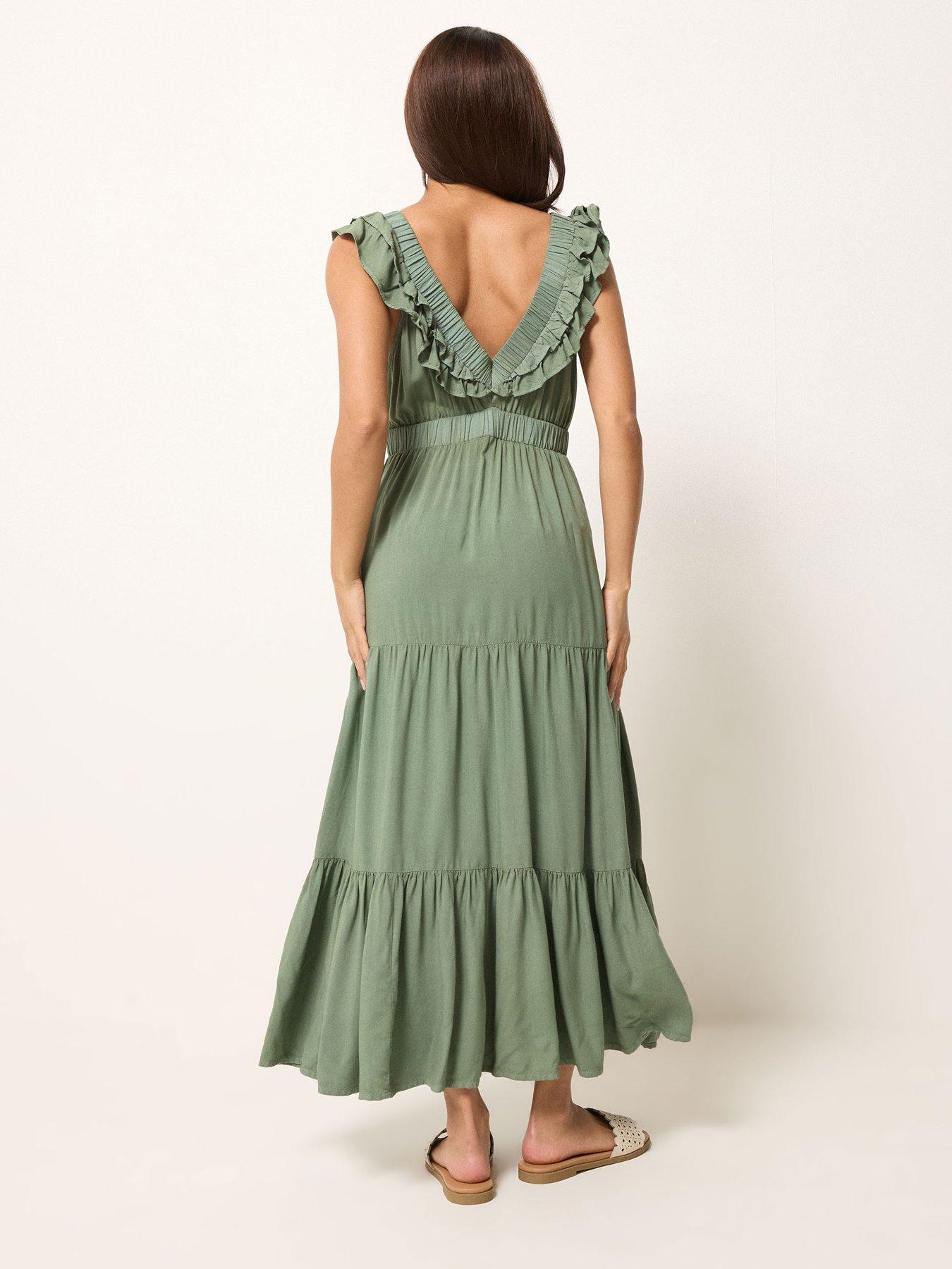 Image 2 of 5 of PixieGirl Petite Acid Wash Frill Maxi Dress - Green