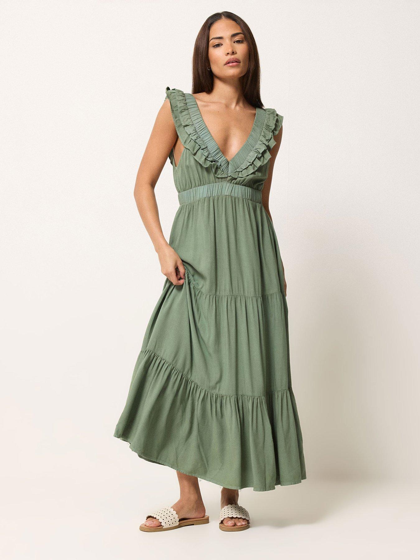 Image 3 of 5 of PixieGirl Petite Acid Wash Frill Maxi Dress - Green