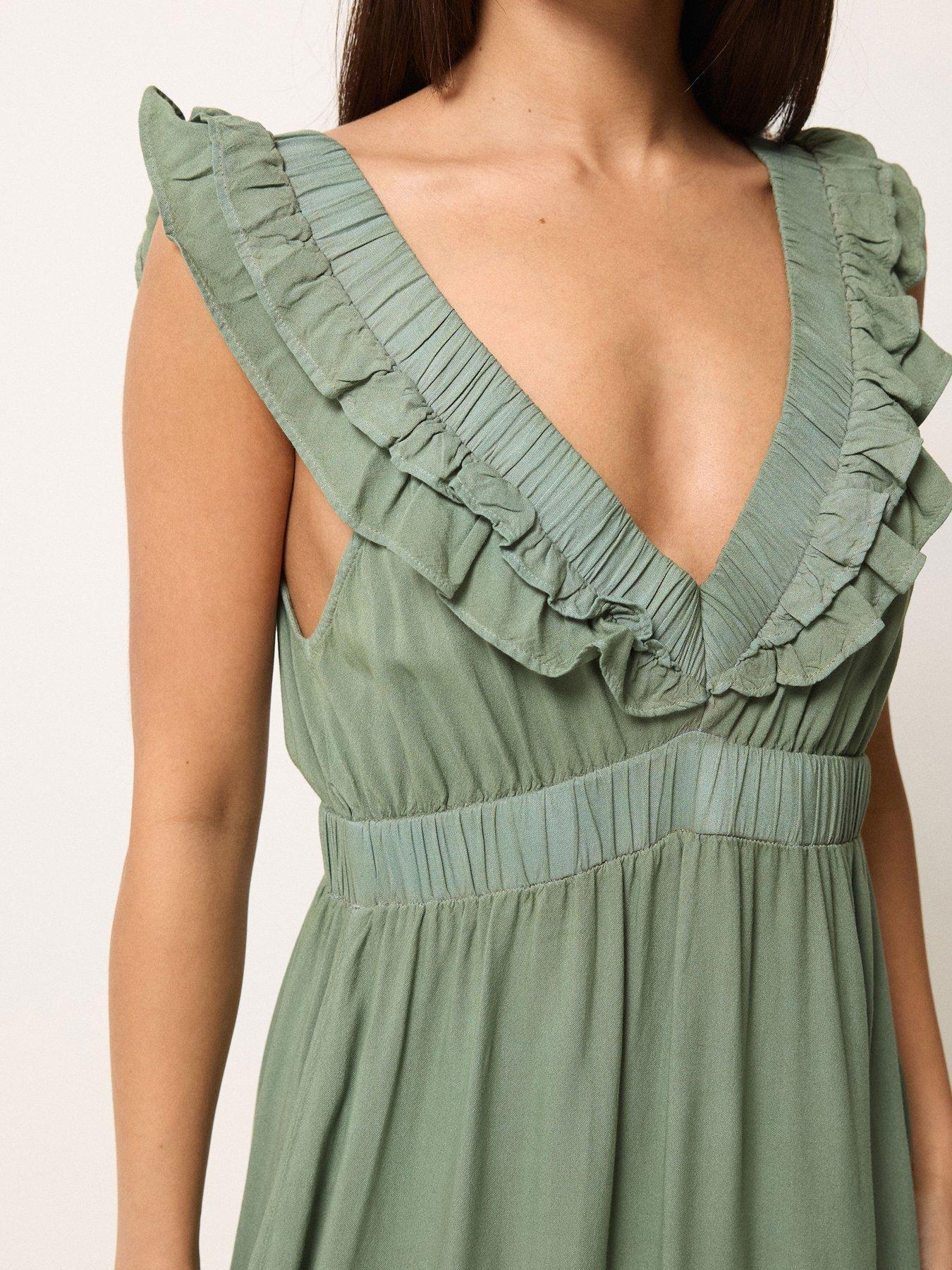 Image 4 of 5 of PixieGirl Petite Acid Wash Frill Maxi Dress - Green