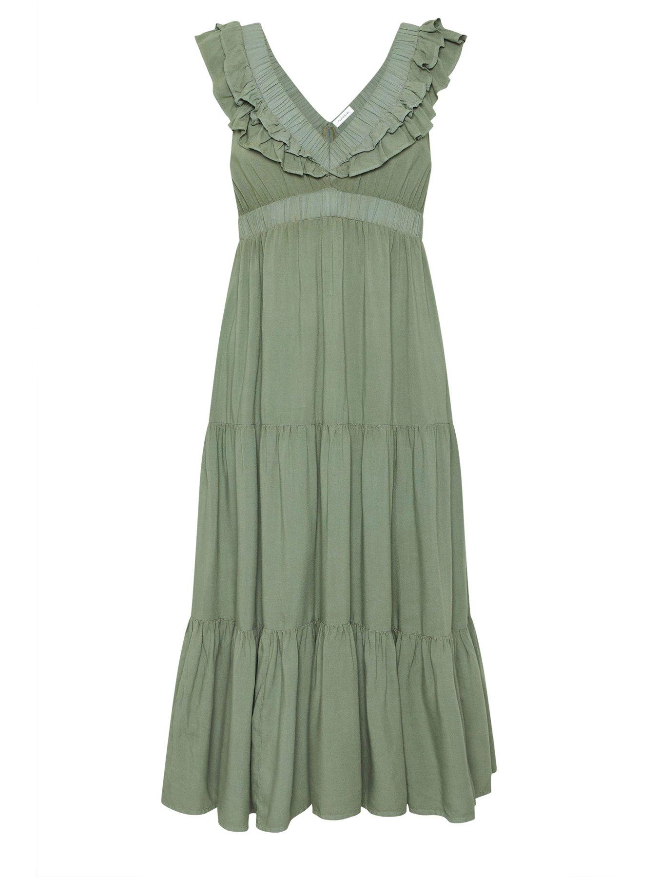 Image 5 of 5 of PixieGirl Petite Acid Wash Frill Maxi Dress - Green