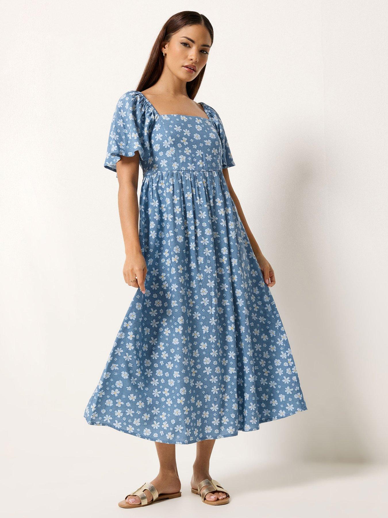 Image 1 of 5 of PixieGirl Petite Spot Daisy Square Neck Midi Dress