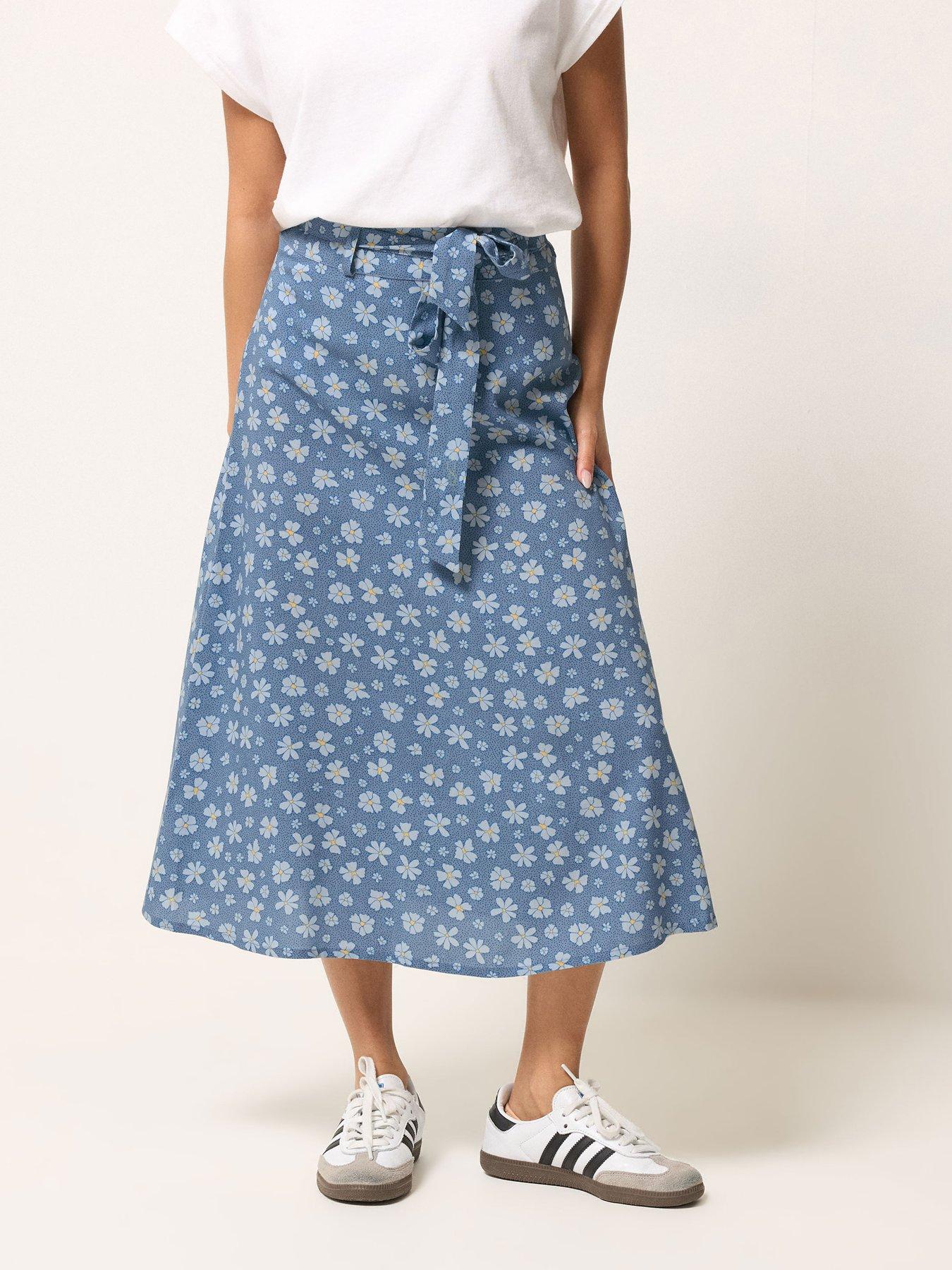 Image 1 of 5 of PixieGirl Petite Daisy Belted Midi Skirt - Blue