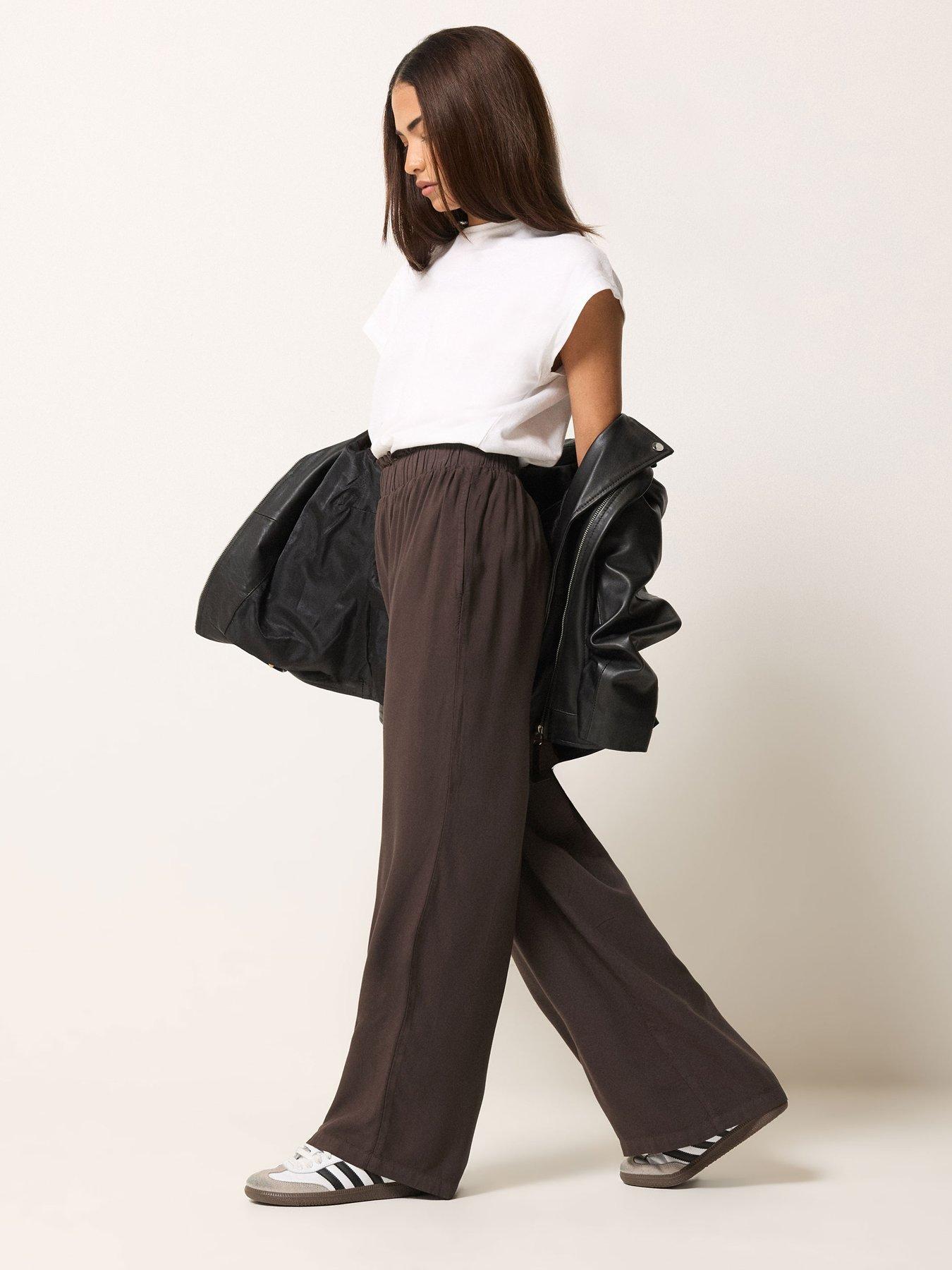Image 3 of 5 of PixieGirl Petite Acid Wash Wide Leg Trousers - Brown