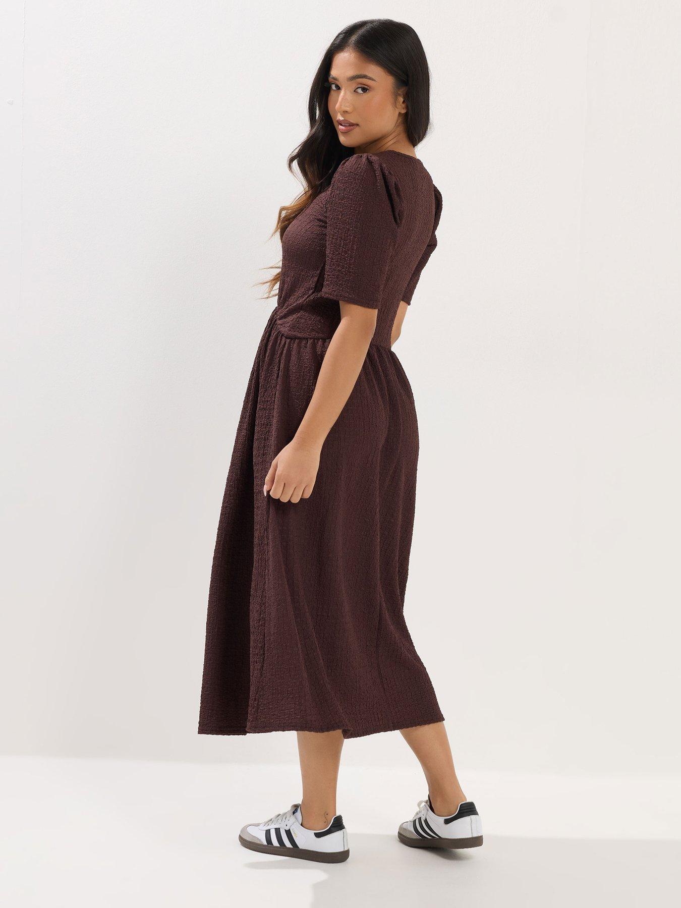 pixiegirl-petite-textured-midi-dress-brownstillFront