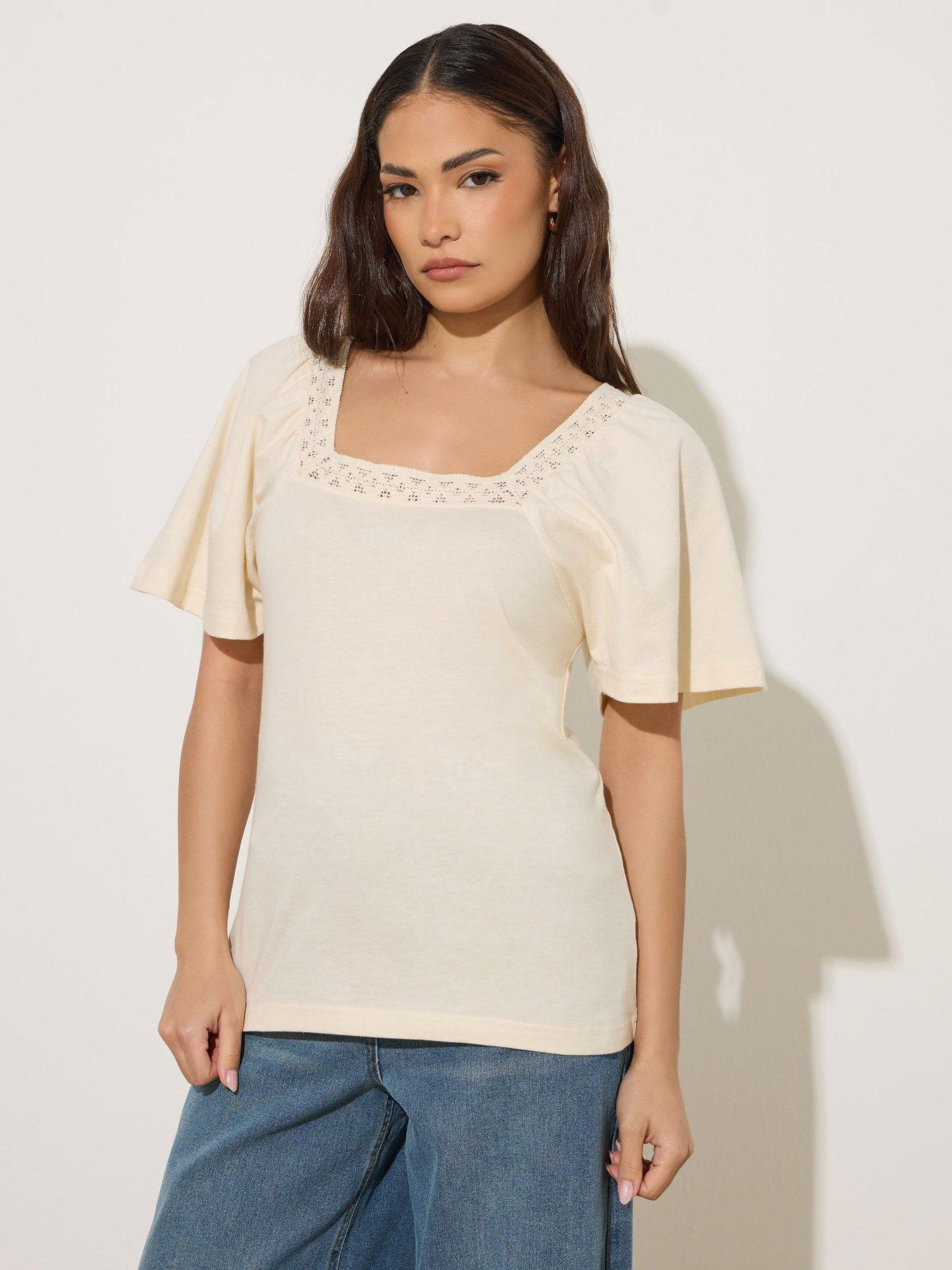 Image 1 of 5 of PixieGirl Petite Crochet Neck Flutter Sleeve Top