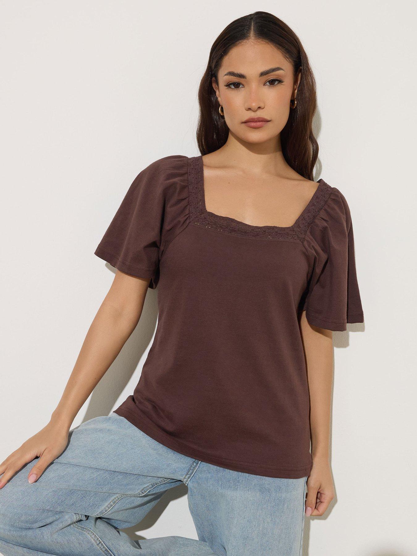 pixiegirl-petite-crochet-neck-flutter-sleeve-top-brownfront