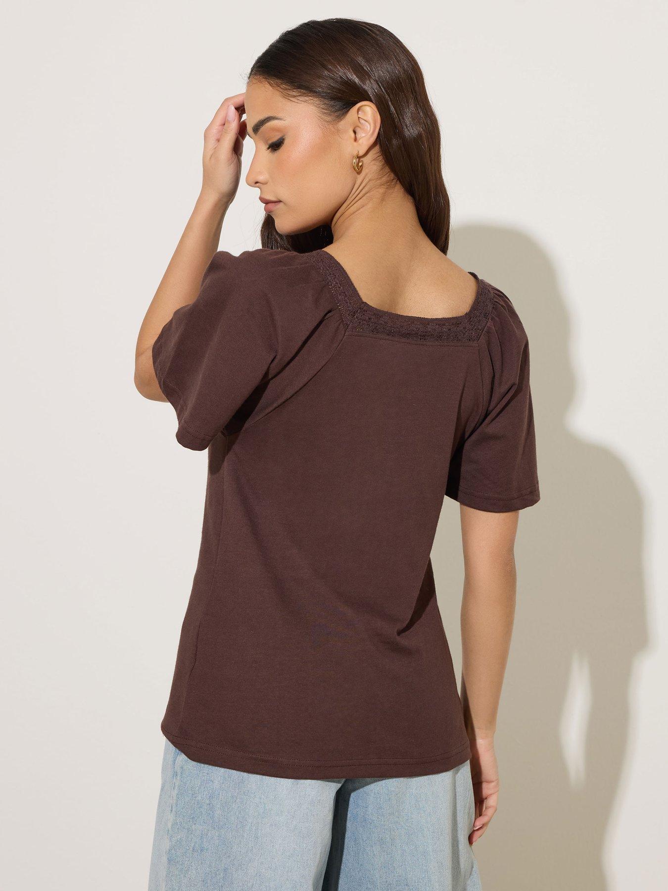 pixiegirl-petite-crochet-neck-flutter-sleeve-top-brownstillFront