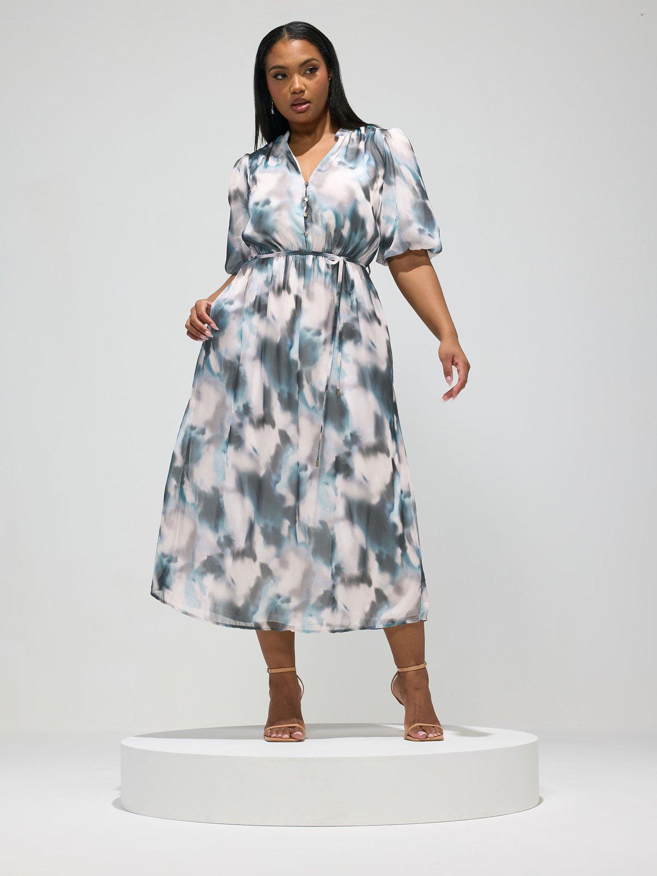 Image 1 of 5 of Yours Curve Abstract Print Shirt Dress - Blue