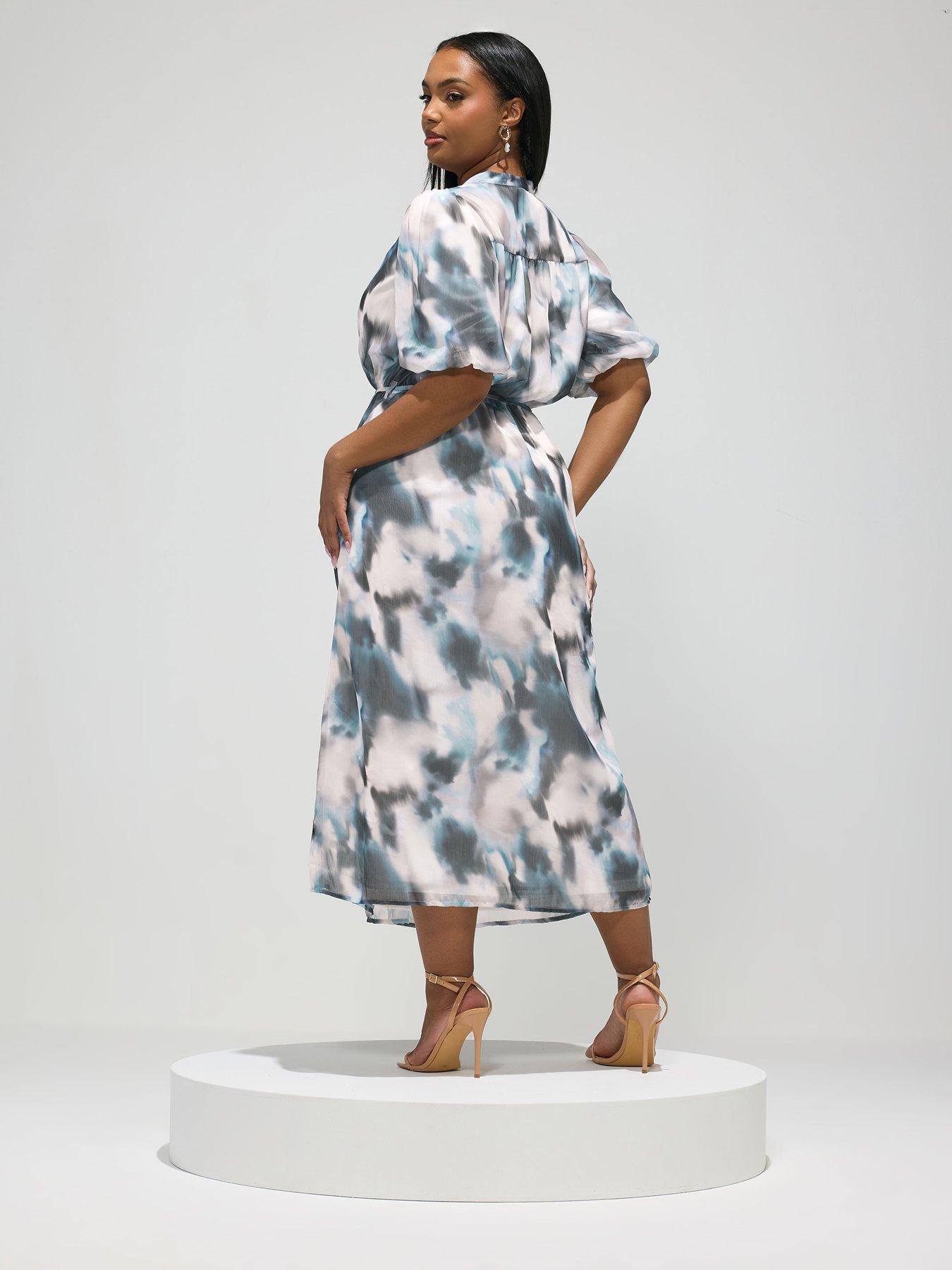 Image 2 of 5 of Yours Curve Abstract Print Shirt Dress - Blue