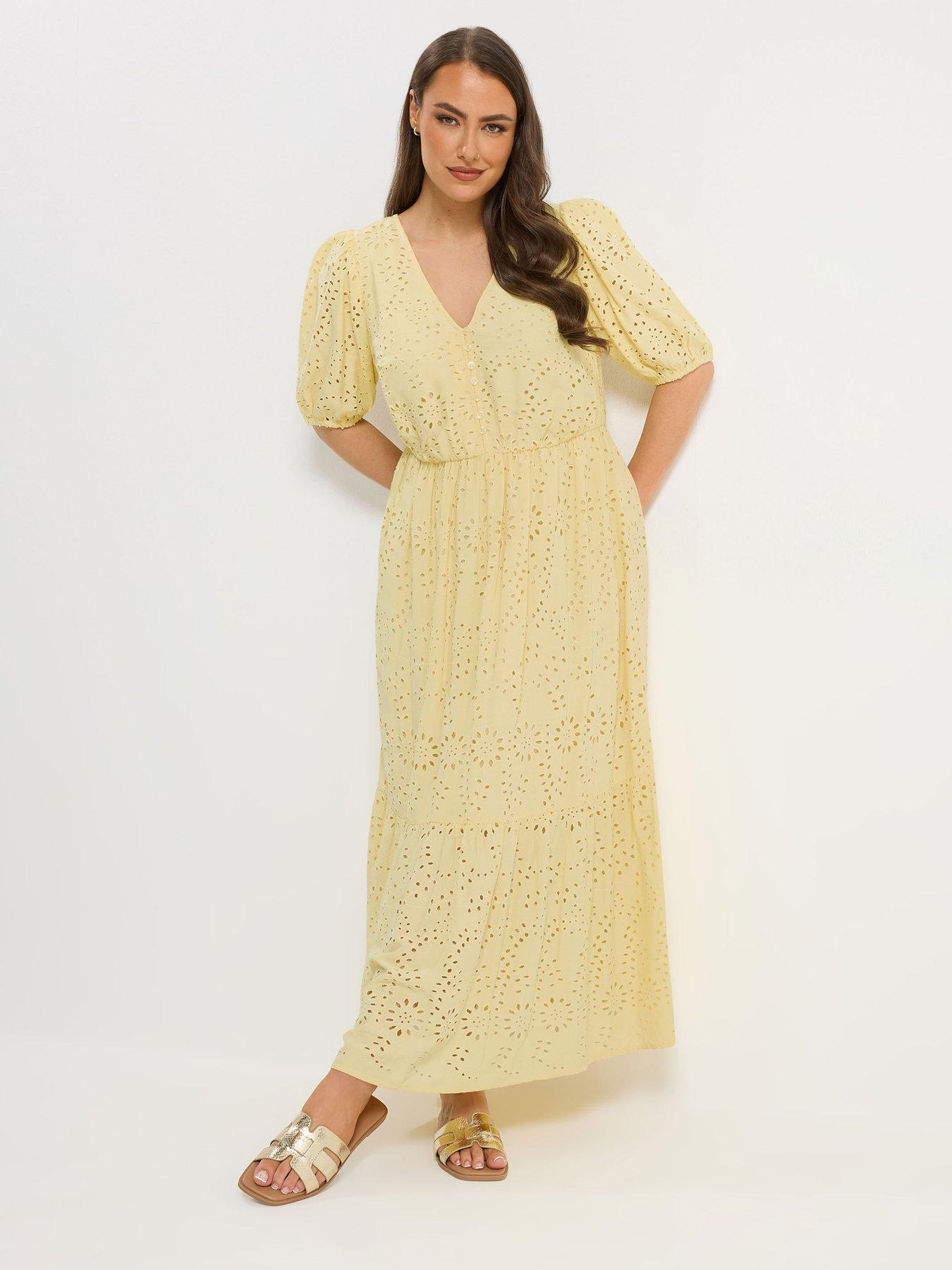 Image 1 of 5 of Yours Curve Broderie Tea Dress - Yellow