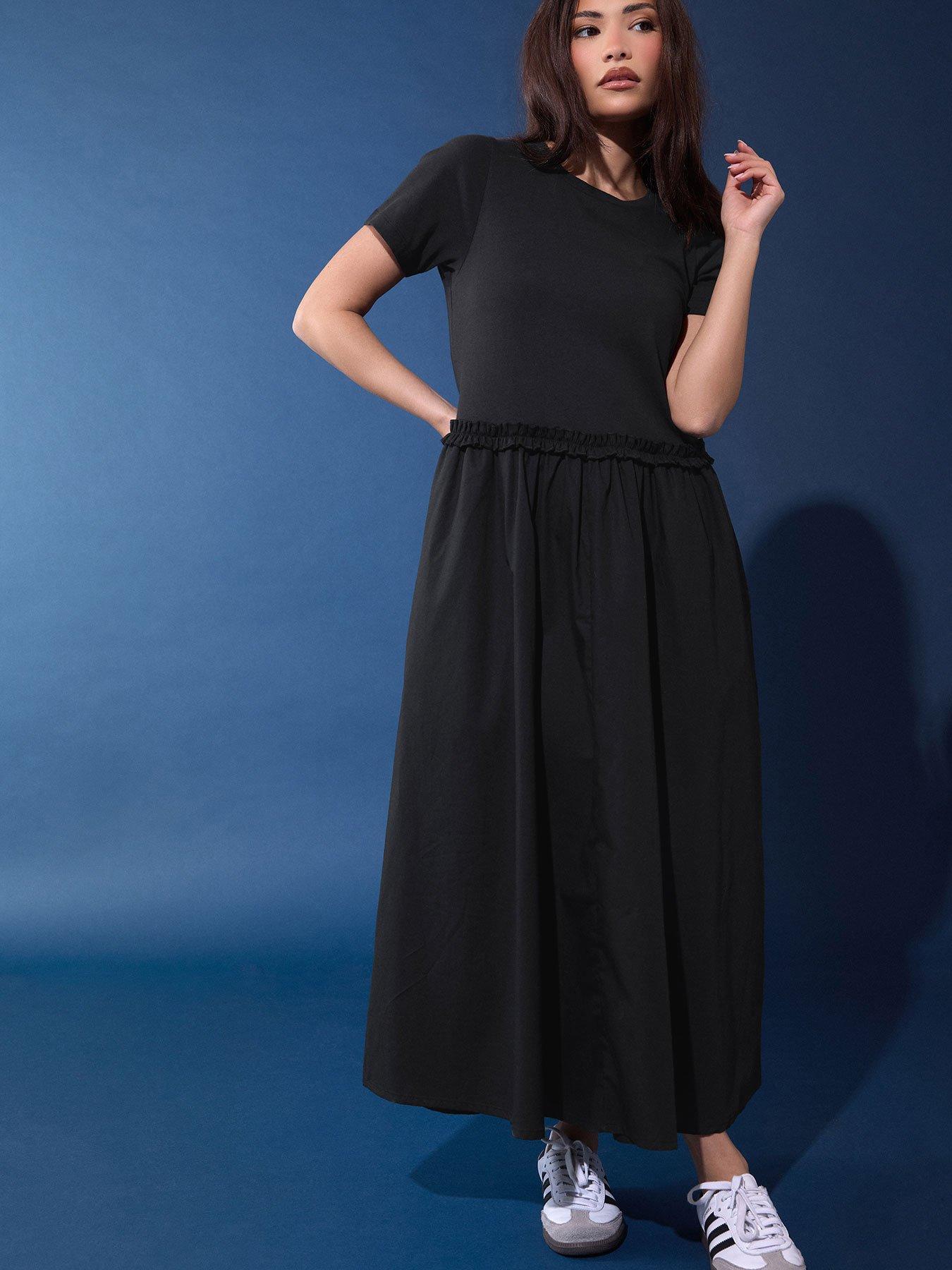 PixieGirl Petite Short Sleeve Mixed Ruffle Seam Midi Dress