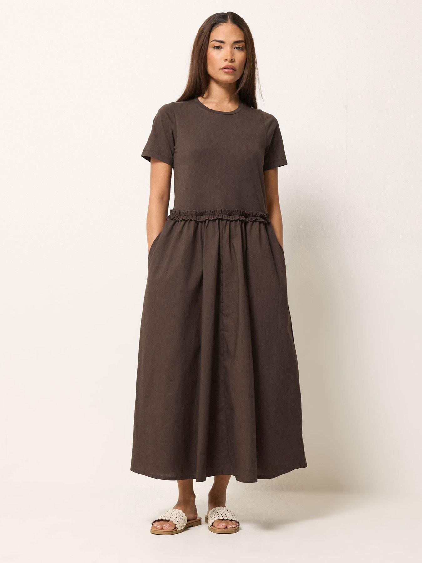 PixieGirl Petite Short Sleeve Mixed Ruffle Seam Midi Dress